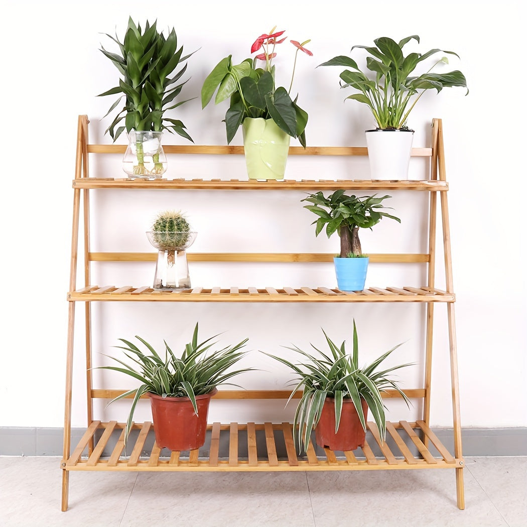 100cm Bamboo 3 Tier Foldable Plant Display Shelf For Outdoor And Indoor Use
