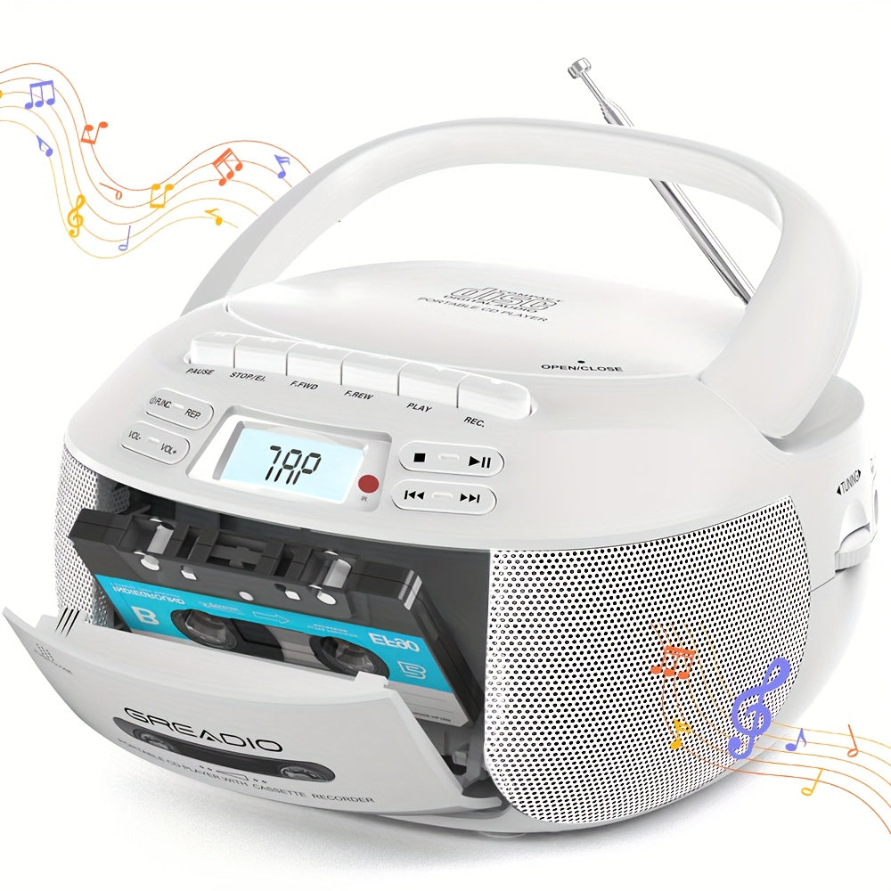 CD & Tape Combo BoomBox with AM/FM Radio, Vintage Stereo Speaker System, LCD Display, AC-Powered (120V) - Compatible with AUX, Headphones - for Home, Bedroom, Office - Ideal for CD, Cassette, AUX Playback - Nostalgic Retro De
