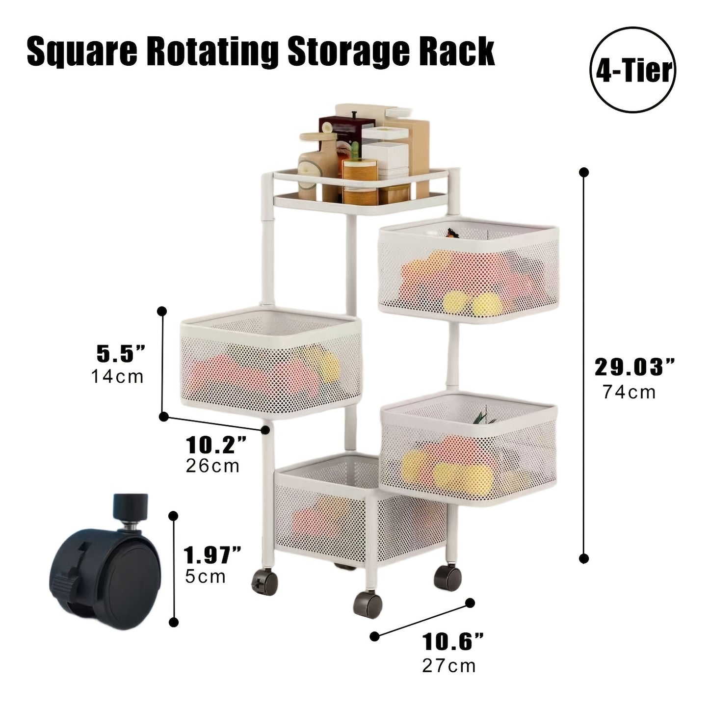 5 Tier Rotating Storage Shelf With Rolling Baskets Metal Mobile Bookcase Office