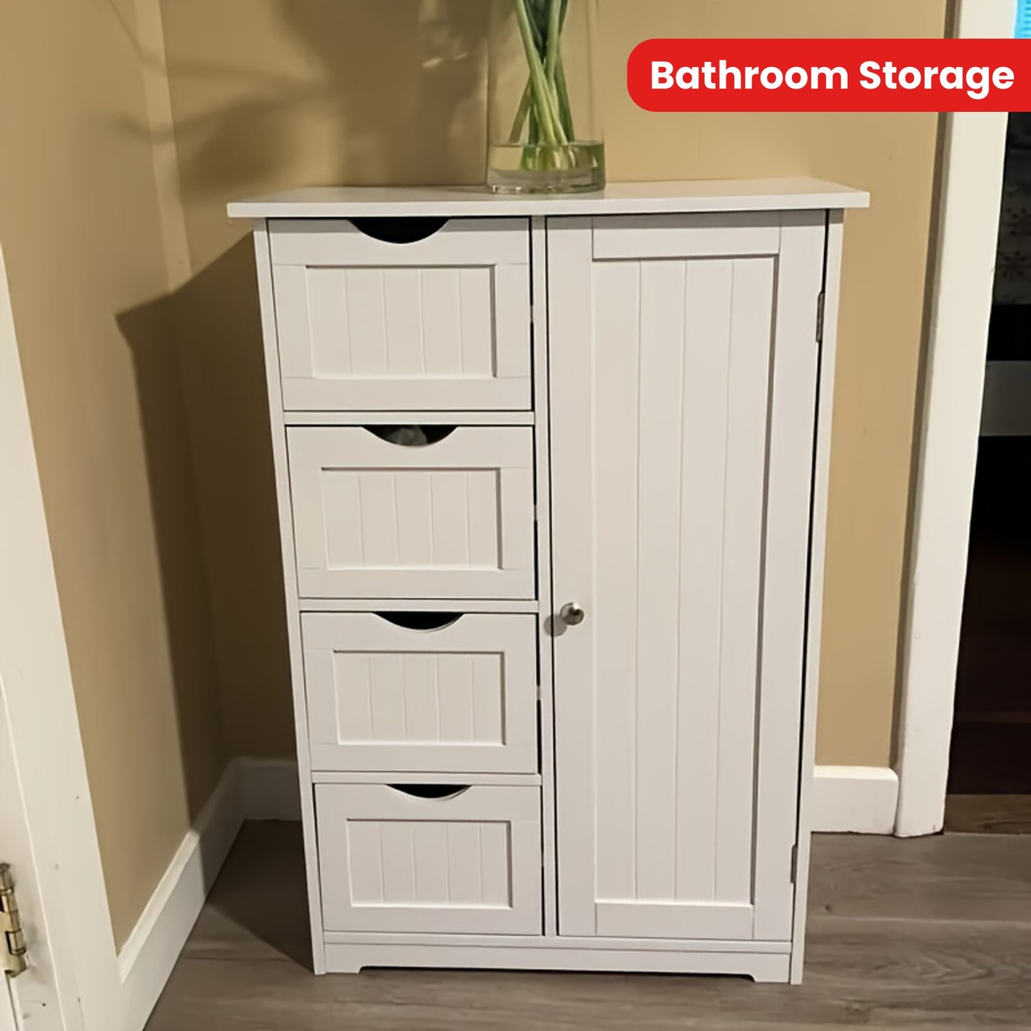 White Bathroom Storage Cabinet With Single Door And 4 Drawers