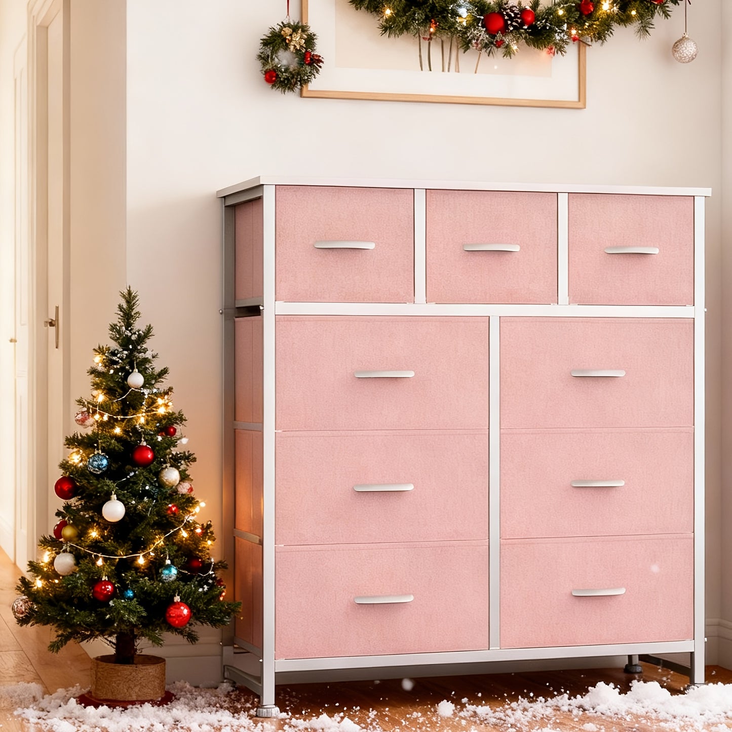 9 Drawer Tall Fabric Dresser With Bins For Bedroom Organization Pink
