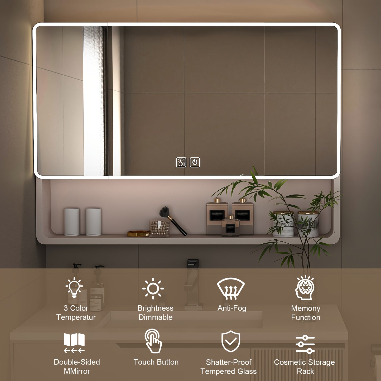 Aluminum Bathroom Mirror Cabinet With LED Lighting And Defogging