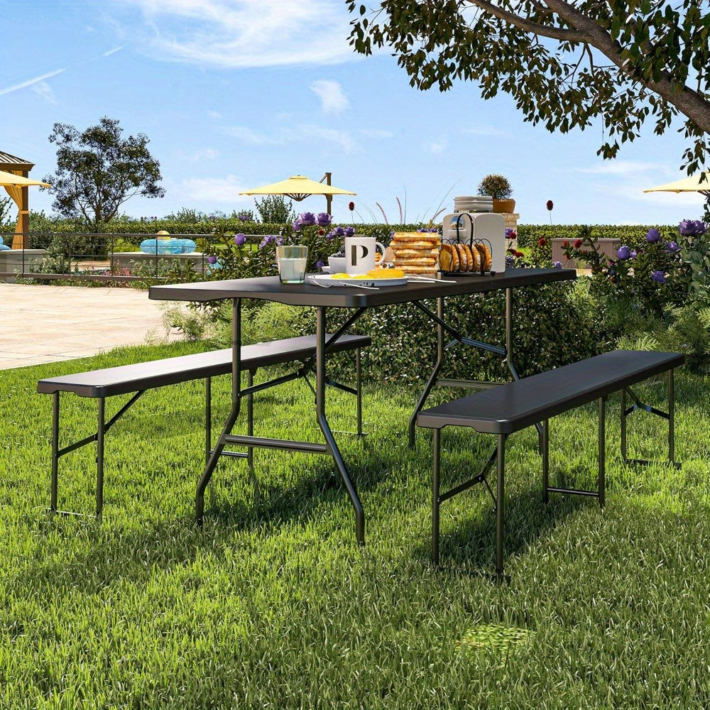 6ft Black Faux Wood Grain Folding Stool Heavy Duty PVC Portable Outdoor Chair