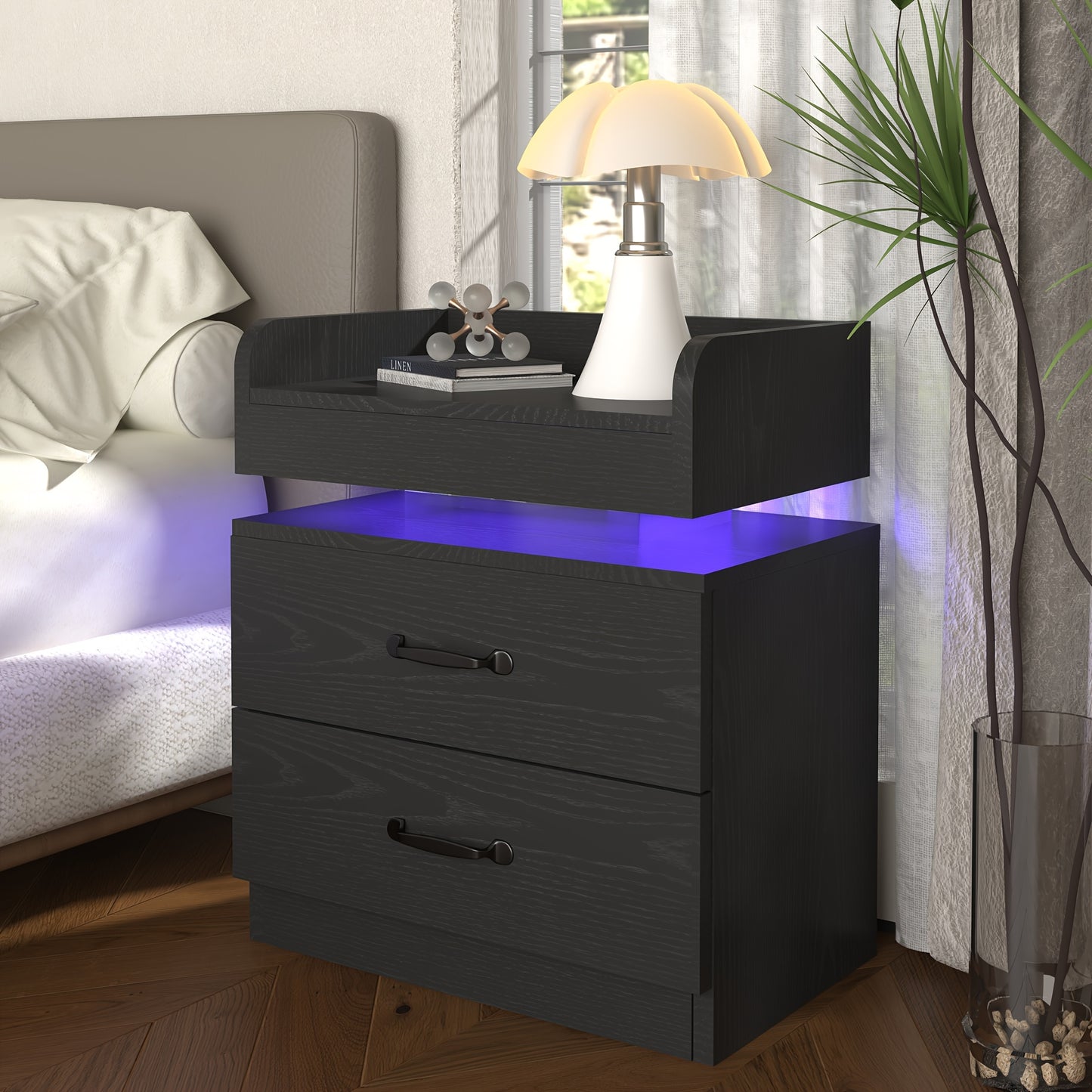 Nightstand With Charging Station And LED Lights Modern End Table With 2 Drawers