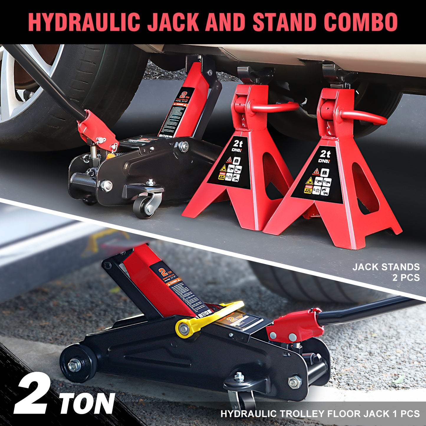 DNA Motoring Low Profile Hydraulic Floor Jack Trolley With 2 Ratchet Jack Stands
