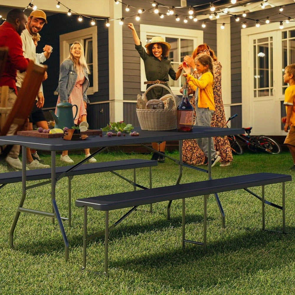 6ft Black Faux Wood Grain Folding Stool Heavy Duty PVC Portable Outdoor Chair