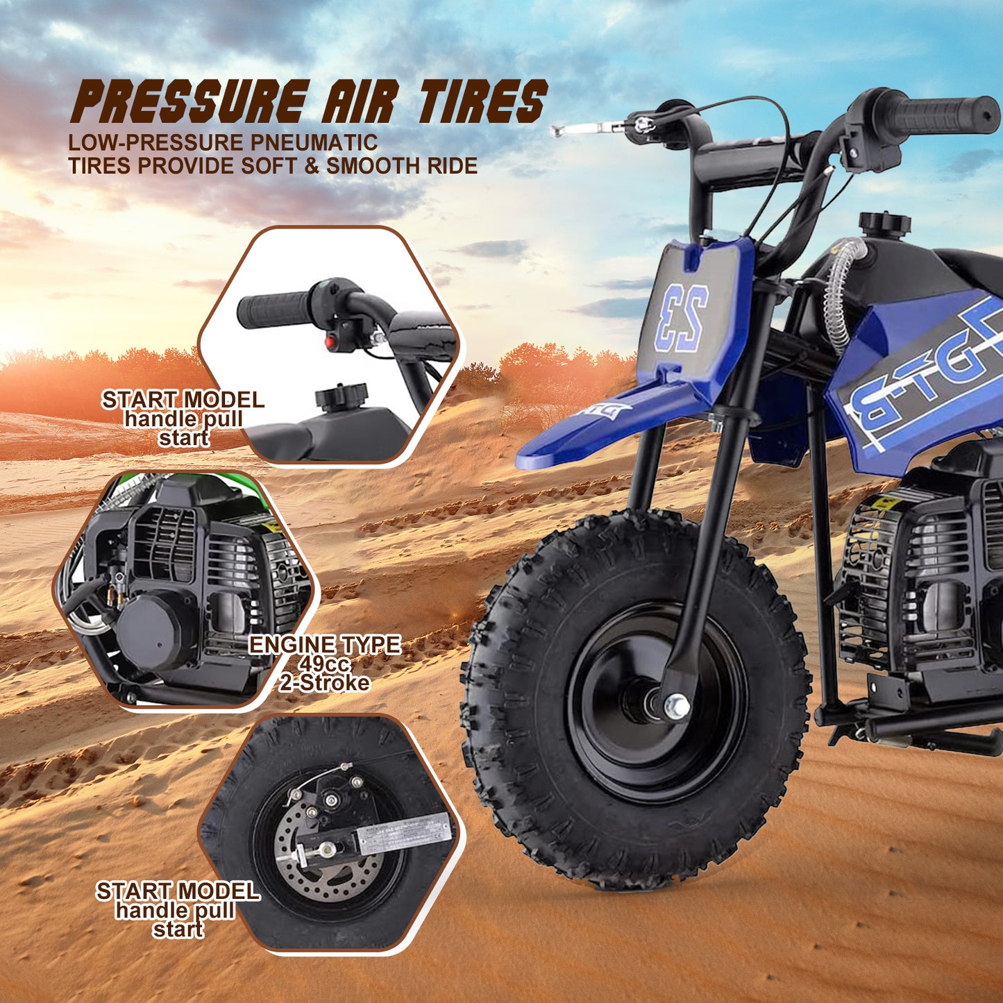 Mini Off-Road Dirt Bike, 49 CC 2-Stroke Gas Bike with Off-Rode Tire, Suspensions, Disc Brakes, Max Load 160Lbs, Max Speed 18Mph