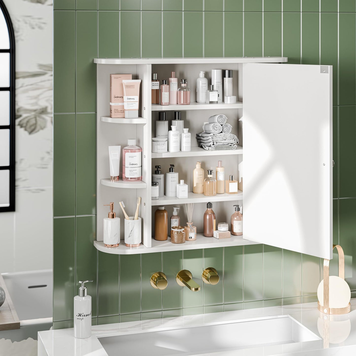 White Bathroom Wall Mount Medicine Cabinet With Mirror And Six Side Open Shelves
