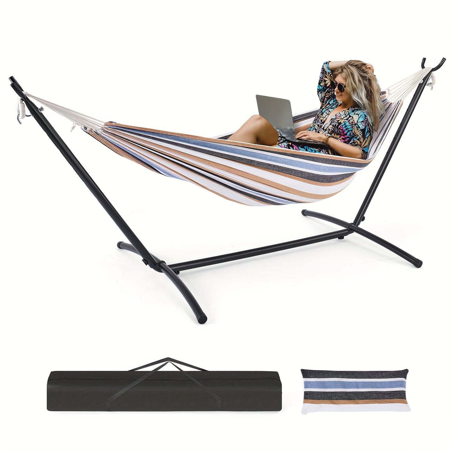 Double Hammock With Space Saving Stand Colorful Stripes 450lbs Capacity Portable