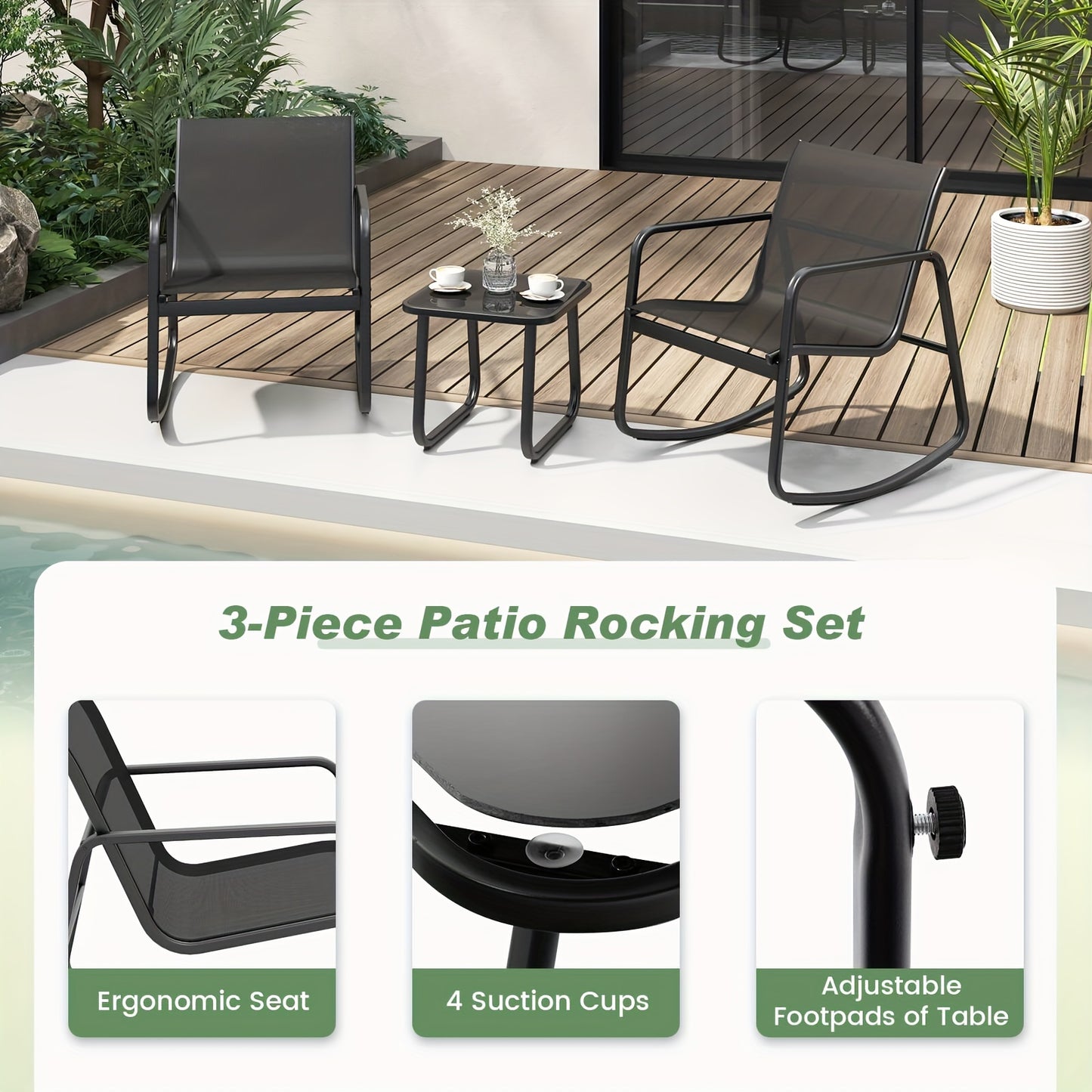 Three Piece Patio Rocking Set With Glass Top Table And Two Rocking Chairs