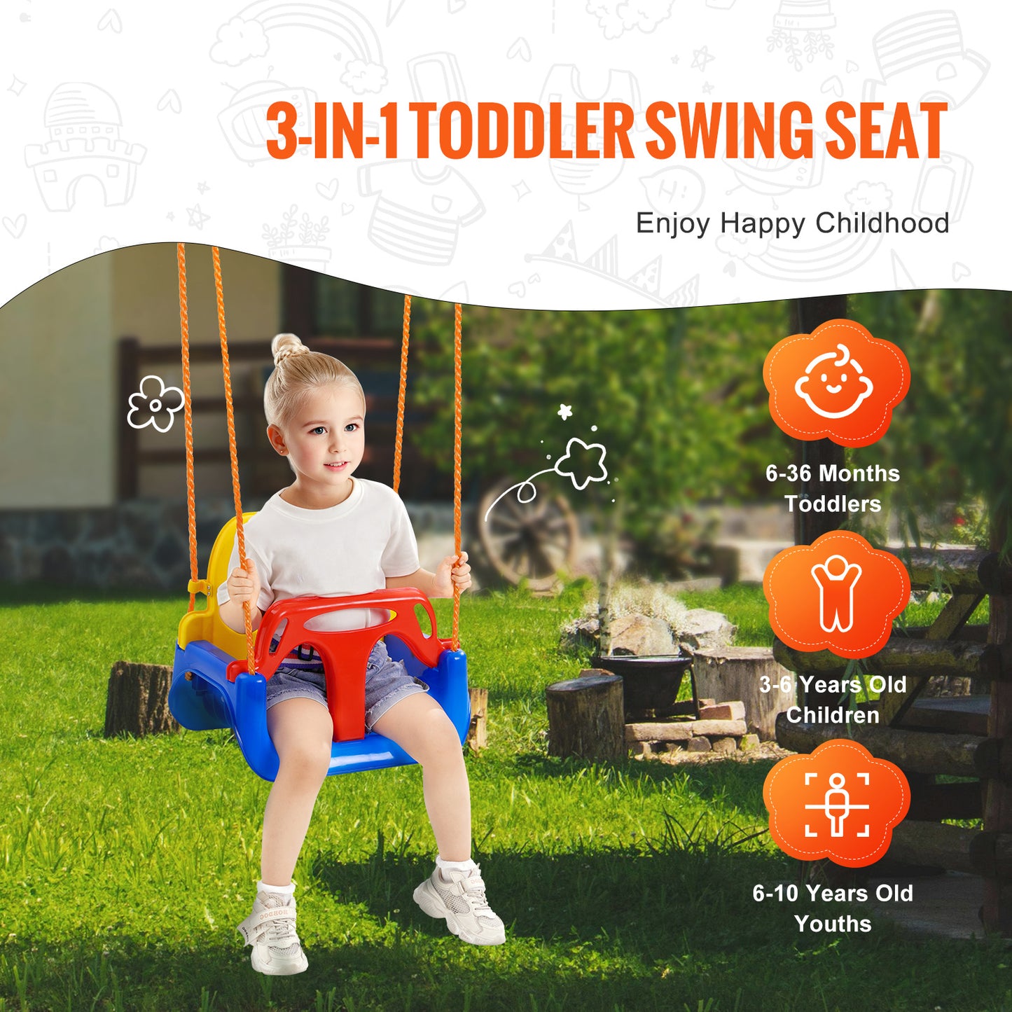 VEVOR 3 In 1 Toddler Swing Seat With Adjustable Ropes