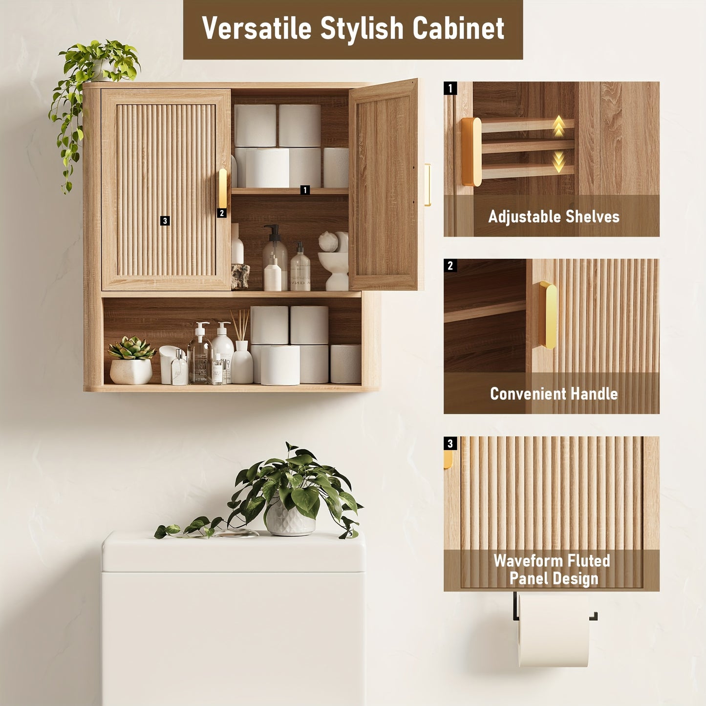 Natural Oak Wood Doors Over Toilet Storage Cabinet With Adjustable Shelves