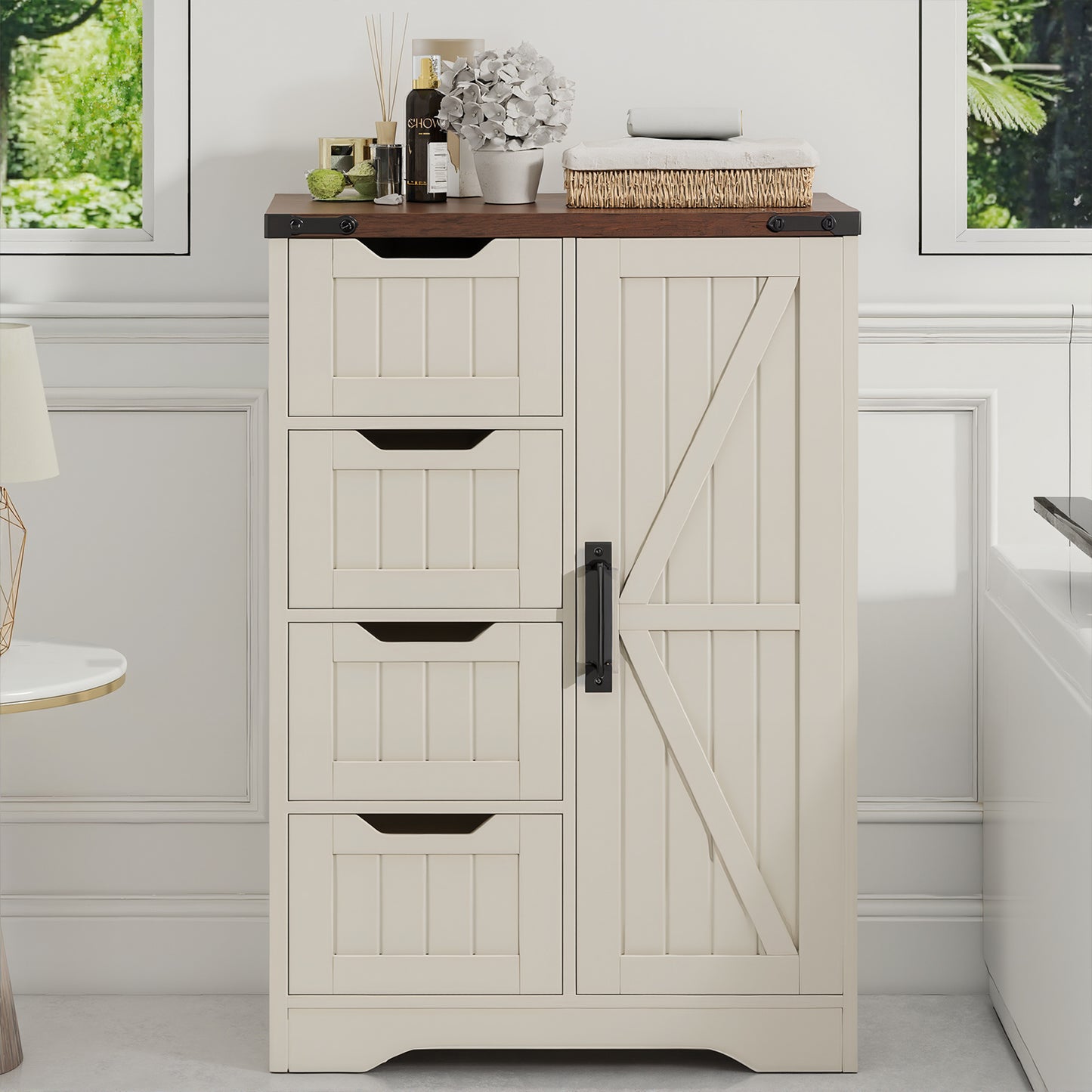 Farmhouse White Bathroom Storage Cabinet Freestanding With 4 Drawers And 1 Door