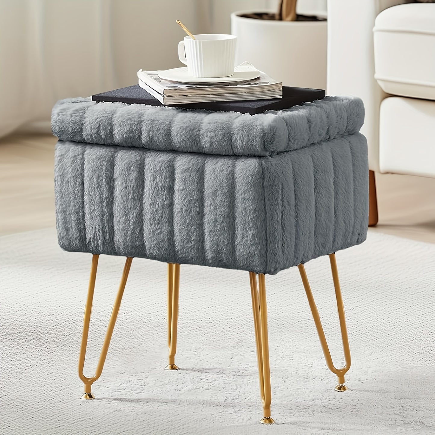 Vanity Chair With Storage Dual Purpose Makeup Stool Four Golden Metal Bases