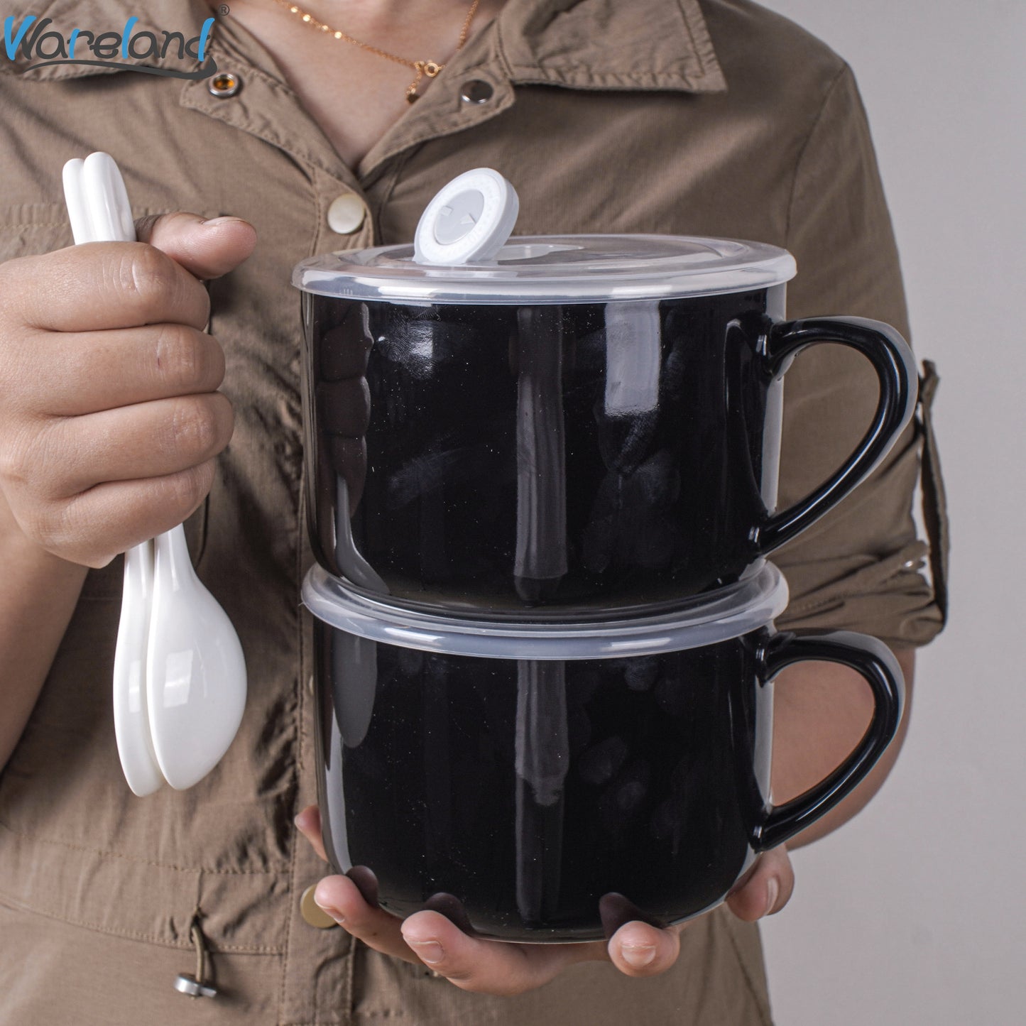 6pcs Soup Bowls with Handles & Spoons, 30oz Ceramic Ramen Bowl with Lid, Large Soup Mugs/Cups for Instant Noodle, Big Cereal Bowls for Oatmeal, Salad Containers with Lids, Mother's Day/Valentine's Day Gift