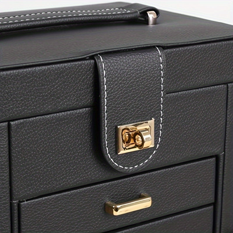6 Layer Jewelry Storage Box With Mirror Black PU Leather 5 Drawers Necklace