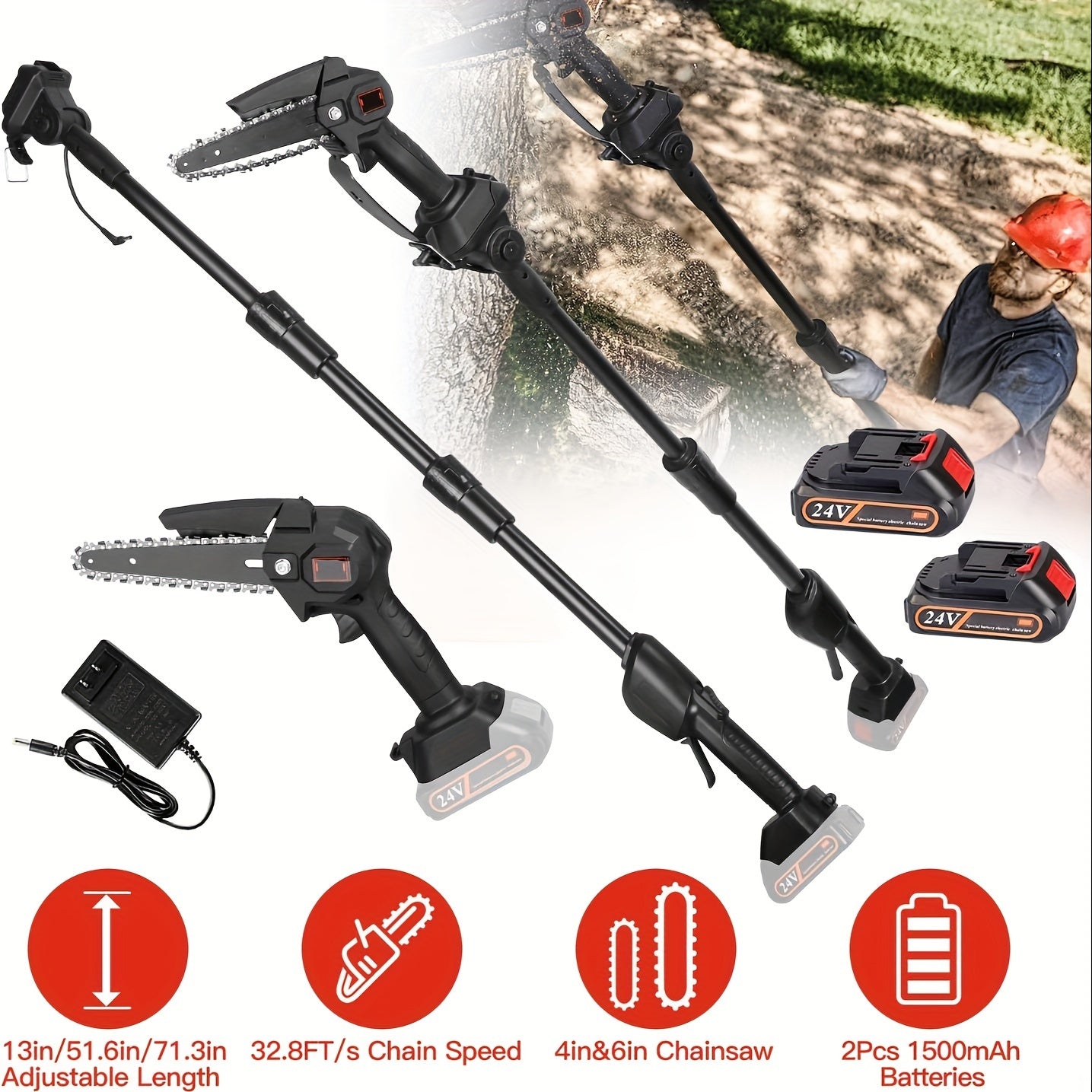 13ft Reach Cordless Pole Saw, 2-in-1 Battery Powered Tree Trimming - Retractable And Foldable Electric Pole Chainsaw - With 2 Chains, 2 Batteries, 3 Extension Rod, 2Pcs 1500mAh Batteries 4in/6in Chains