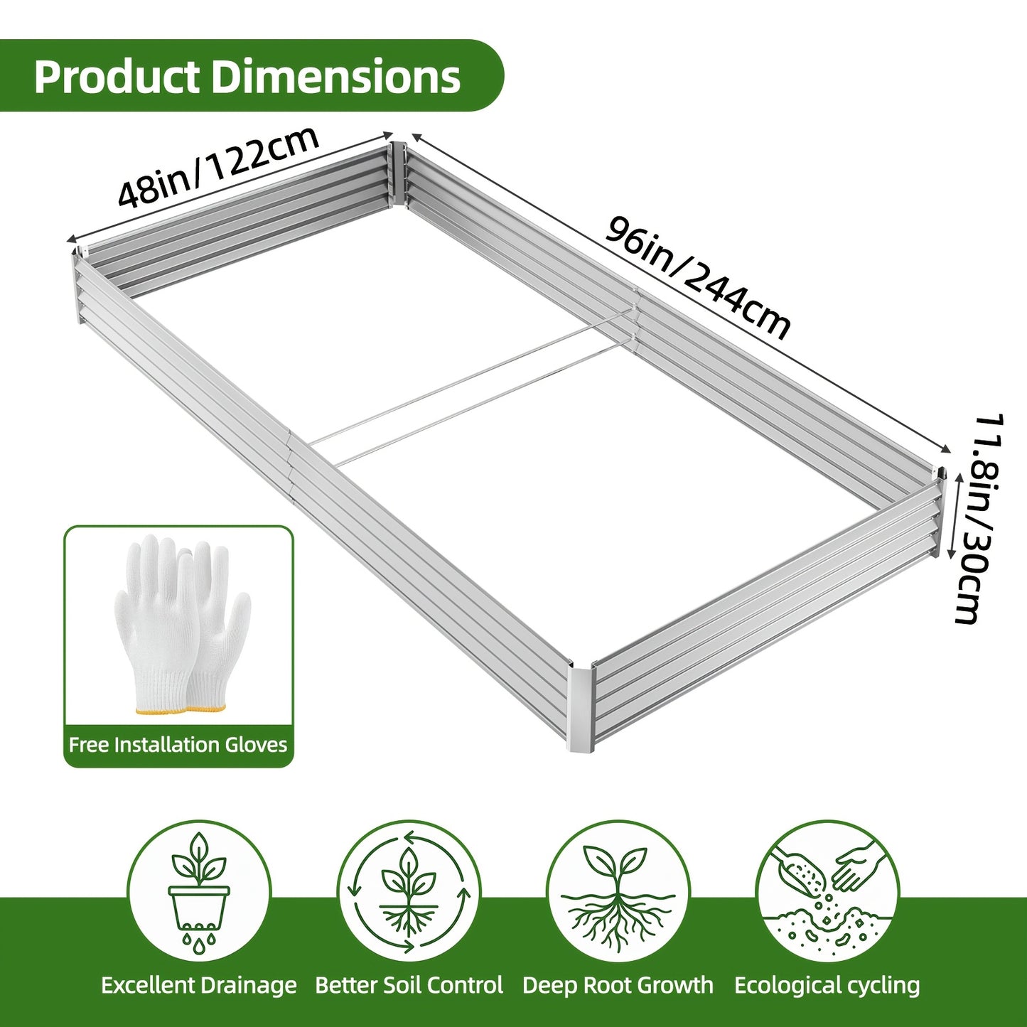 Metal Raised Garden Bed Galvanized Outdoor Planter 4x2x1ft 6x3x1ft 8x4x2ft Herbs