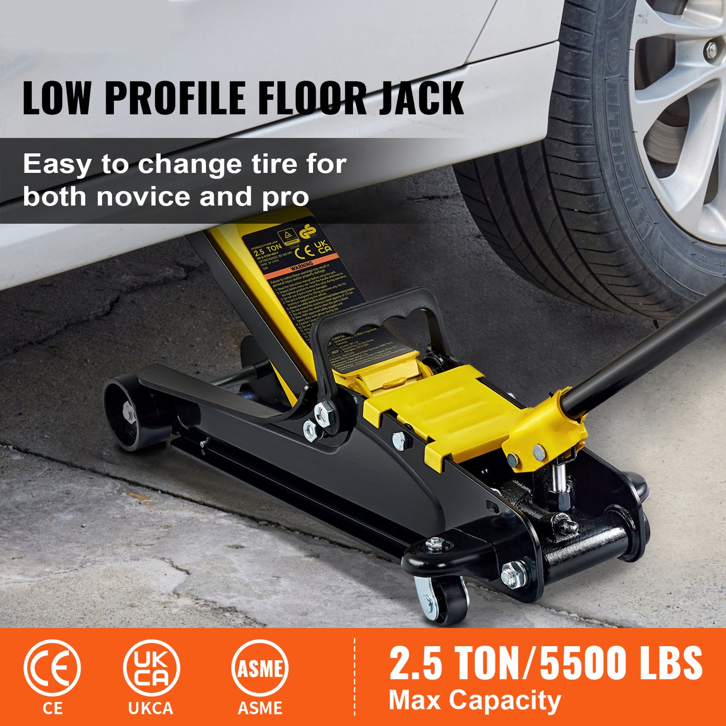 Happybuy 2.5 Ton Compact Steel Sport Elevator, Single Cylinder Ground Lift with Adjustable Handle and Safety Warning Labels - Black & Yellow, 3.35"-14.96" Height Range, Industrial Lifting Equipment|Manual Operation Lift|Iron