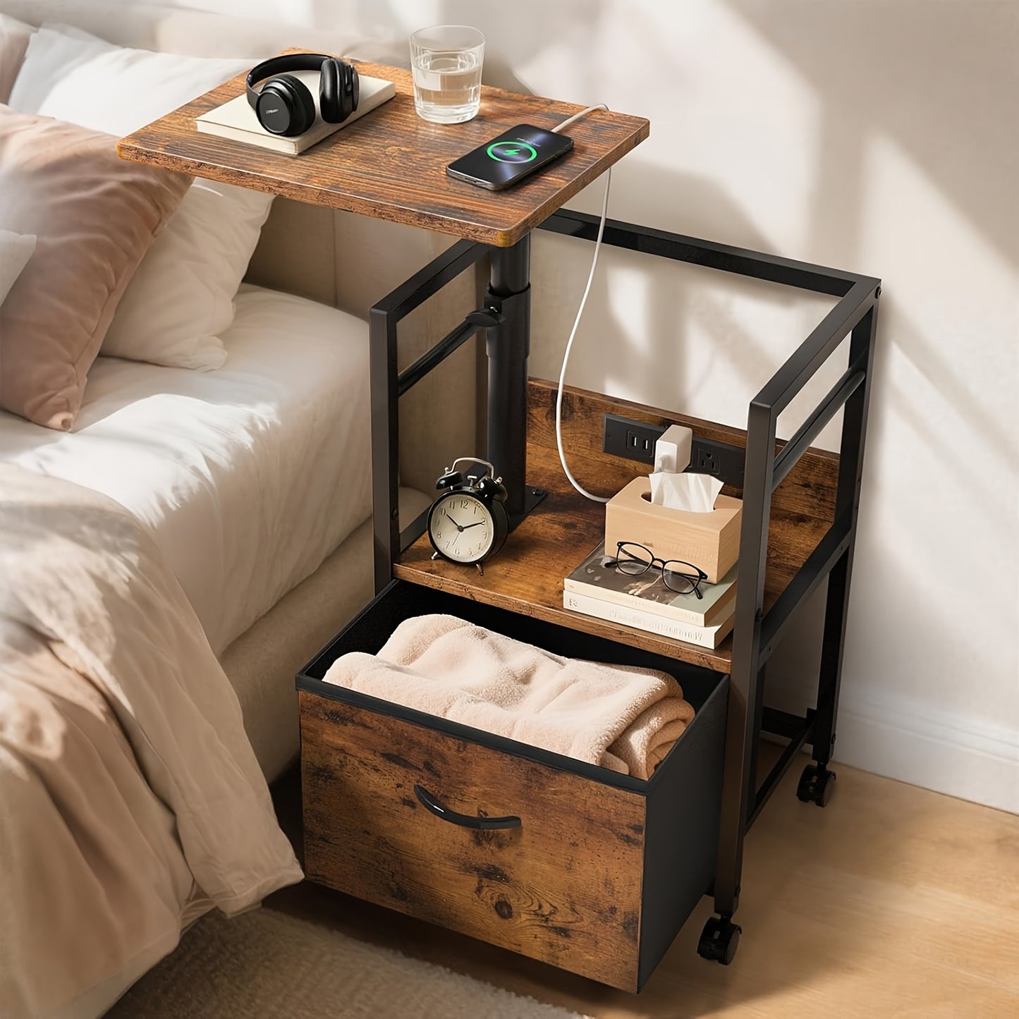 2 Tier Swivel Lift Top Nightstand With Charging Station And Wheels Rustic Brown