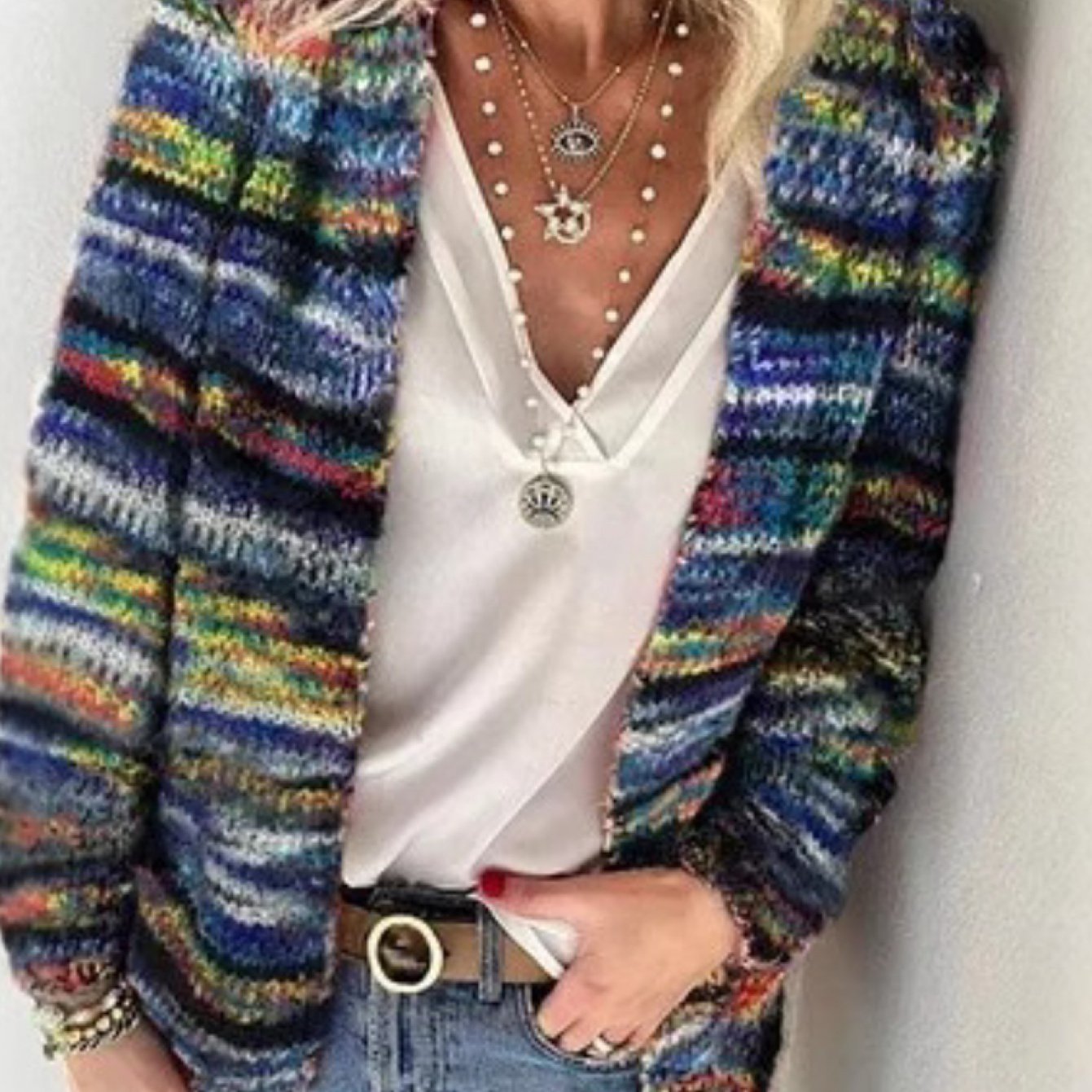 SCACTO Women Large Colorful Pattern Cardigan Open Front Y2K Style Knit Sweater