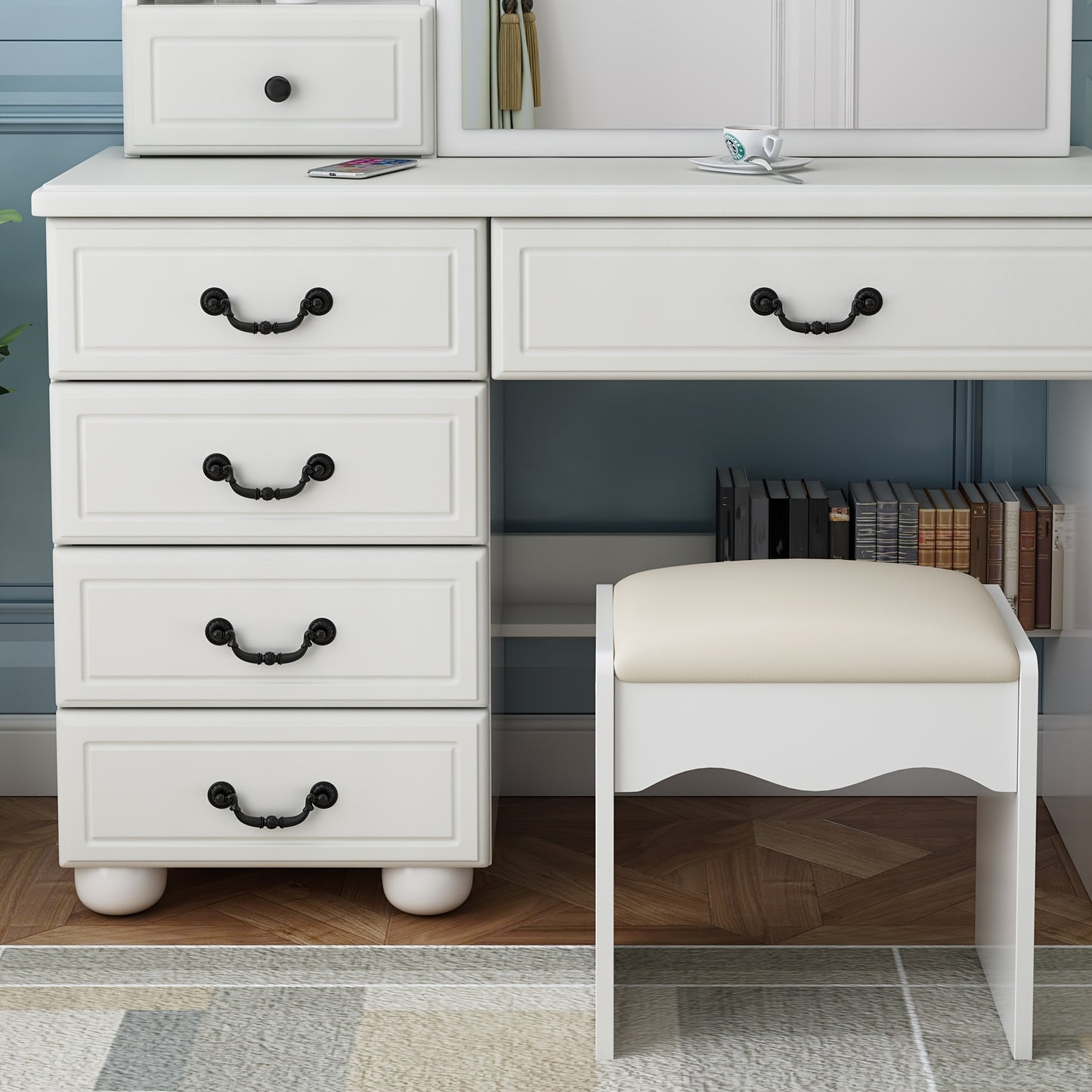 White Dressing Table With Mirror And 6 Drawers Vanity Desk