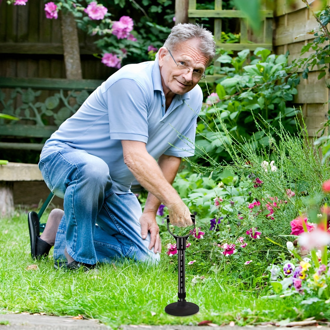 1pc Adjustable Metal Standing Aid Support Bar - Portable Lift Assist Tool with 7 Height Levels, Non-Slip Rubber Base & Firm Handle, Black Aluminum Mobility Aid for Easy Floor Rising & Gardening Assistance