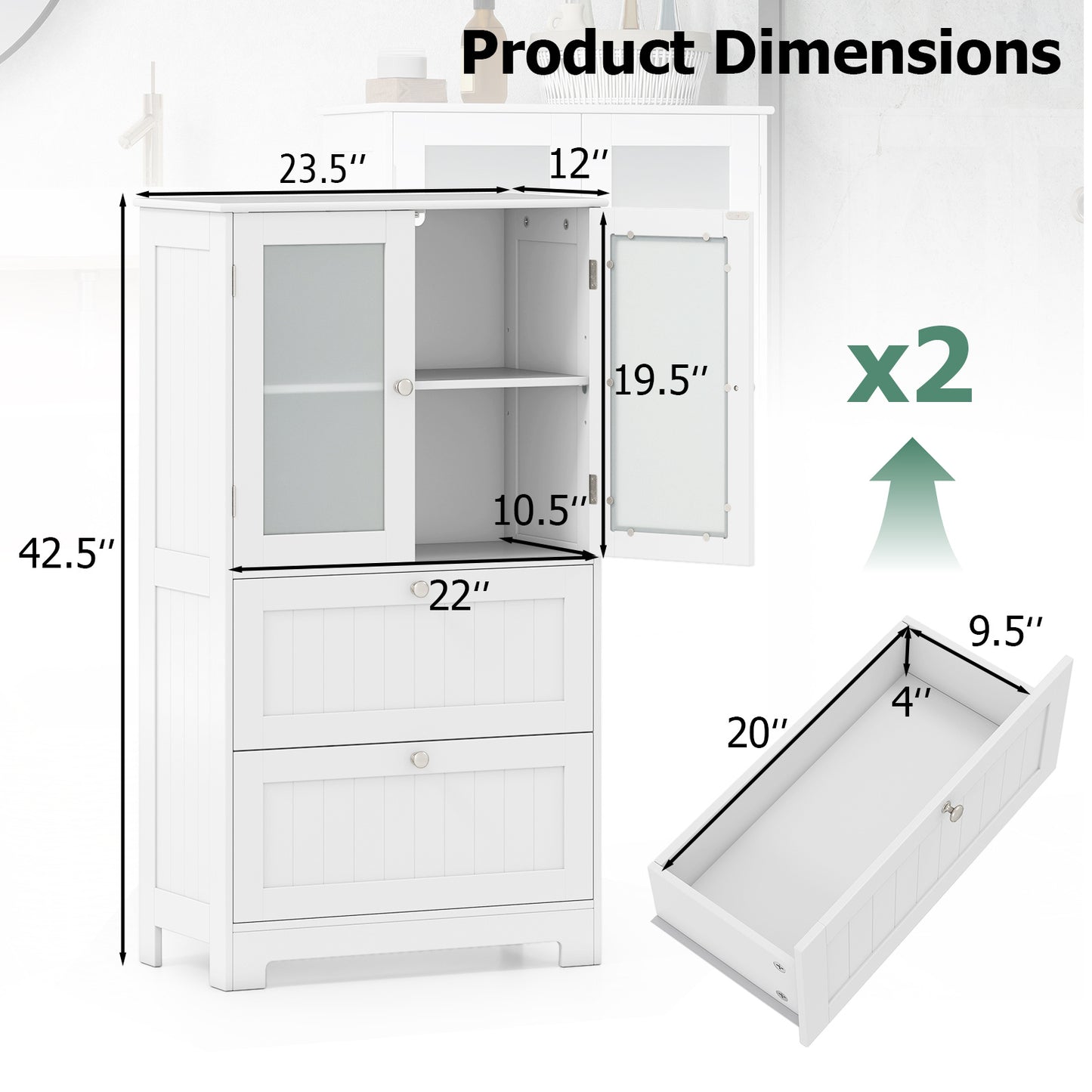 Modern White Floor Cabinet With 2 Frosted Glass Doors And 2 Drawers