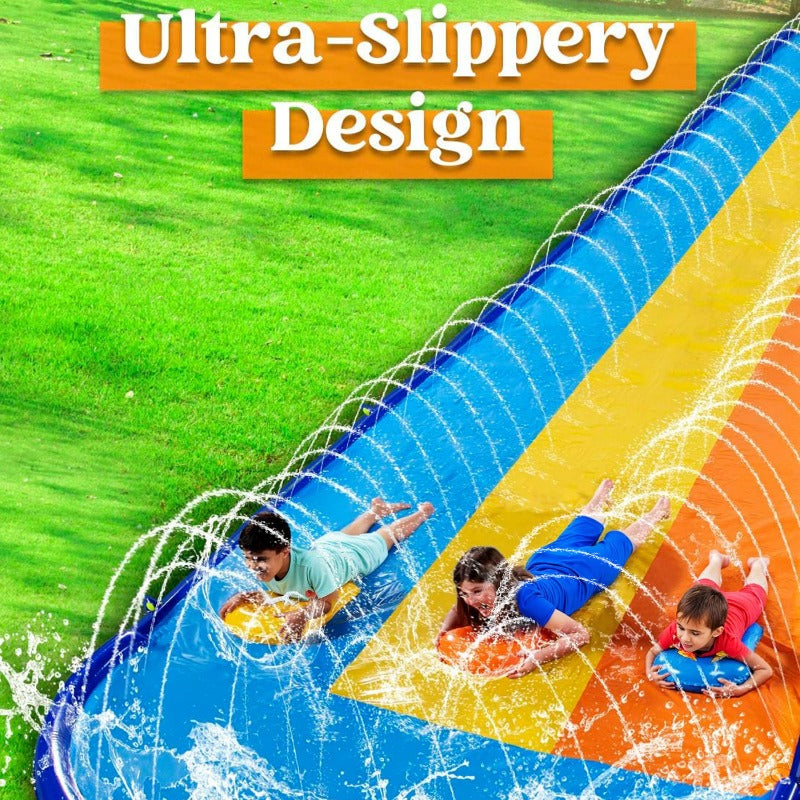 JOYFY Triple Water Slide with 3 BodyBoards, 22.5ft Lawn Water Splash Slip And Slide Summer Toy Splash Pad with Build In Advanced Sprinkler for Kids Adults Backyard Summer Fun Party Games & Activities