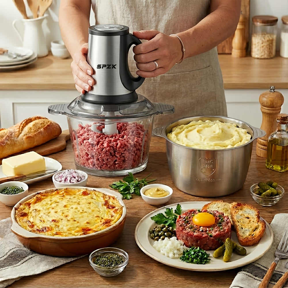 Stainless Steel Electric Food Chopper Meat Grinder With 2 Bowls 2 Blades