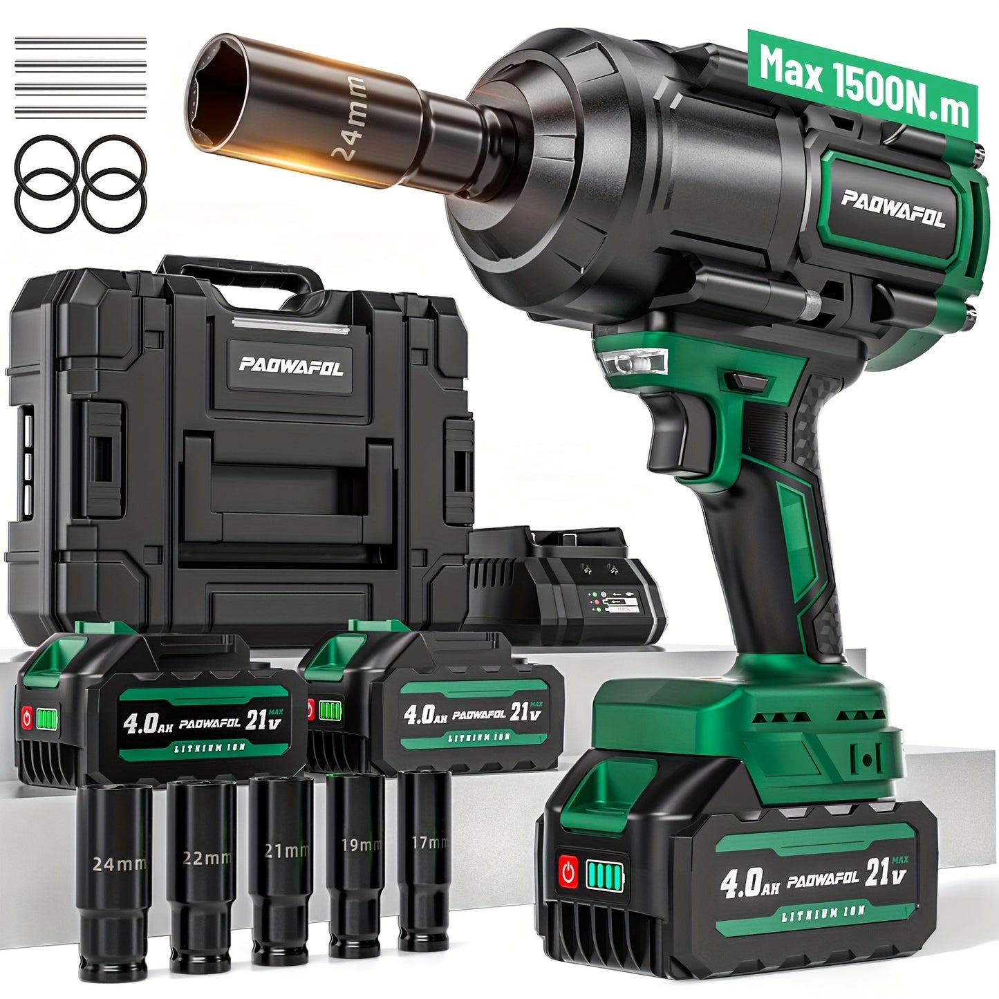 Cordless Impact Wrench 21V 1500Nm Torque Half Inch Drive With 2 Batteries Case
