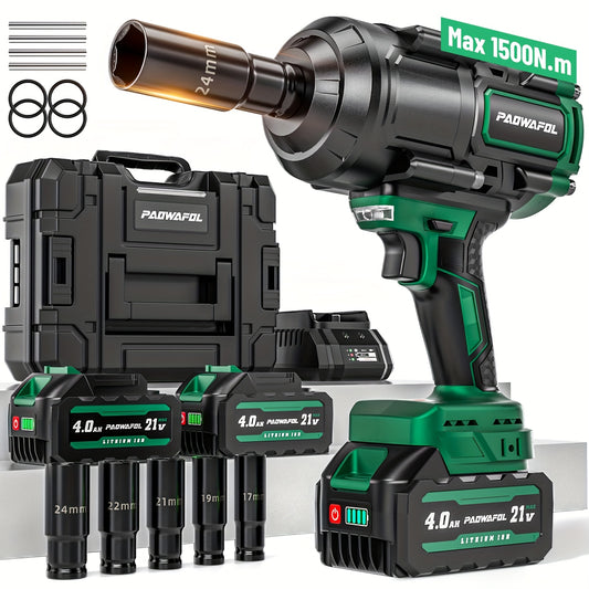 Cordless Impact Wrench 21V 1500Nm Torque Half Inch Drive With 2 Batteries Case