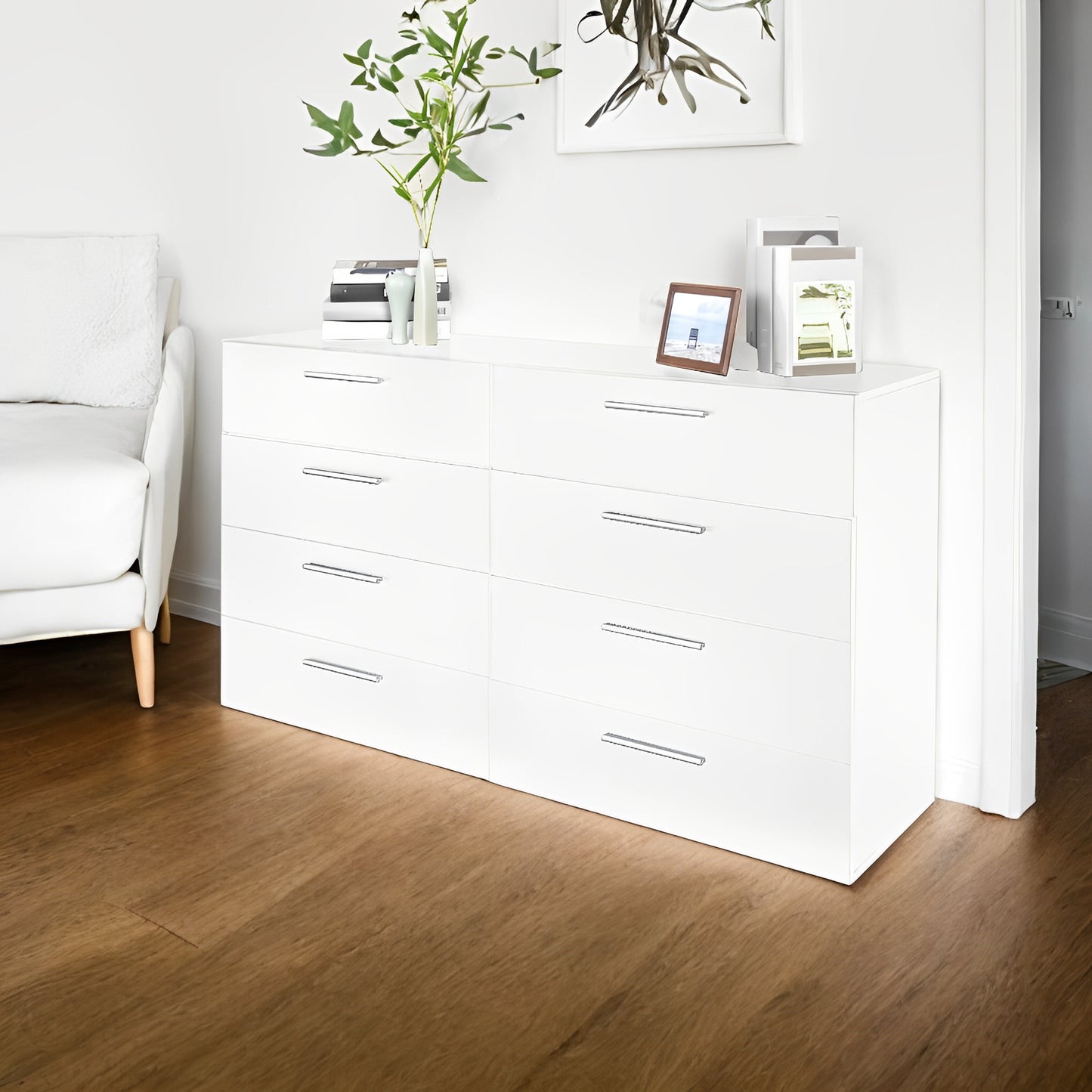 Modern Dresser With 6 Or 8 Deep Drawers For Bedroom Living Room Entryway White