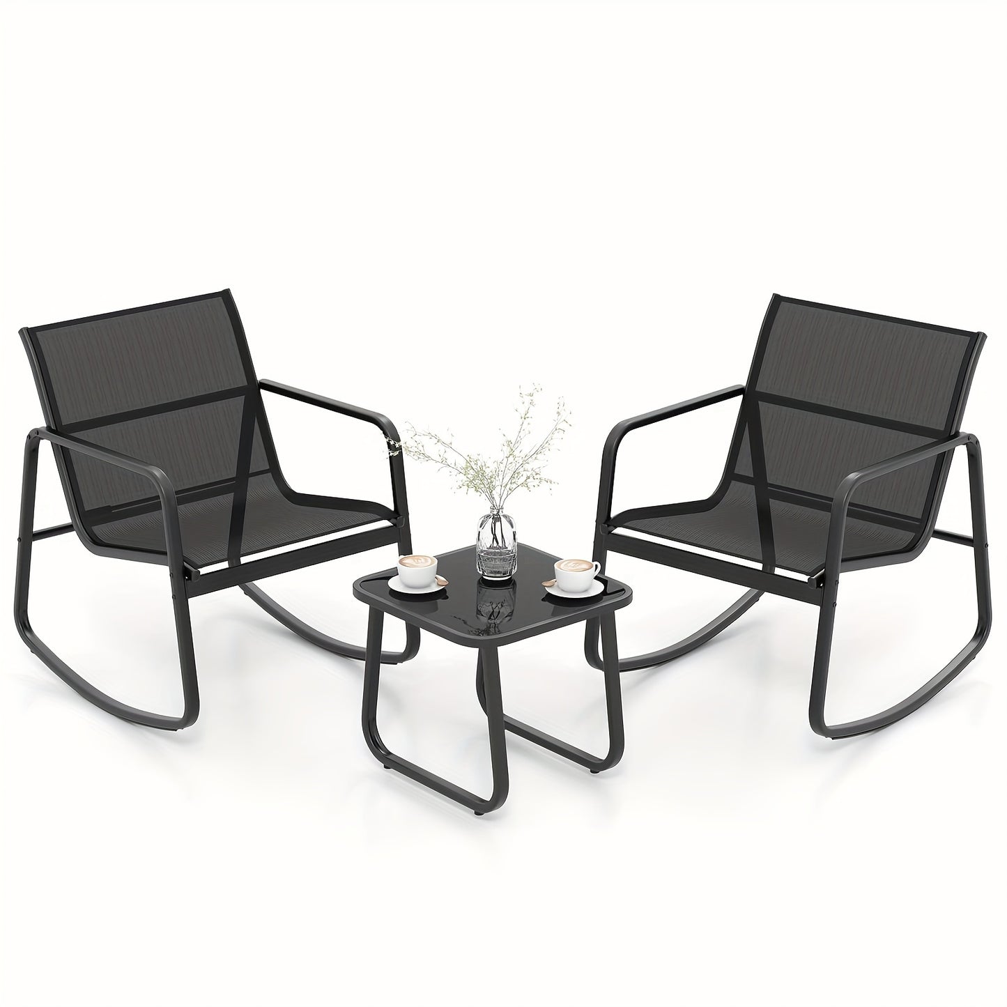 Three Piece Patio Rocking Set With Glass Top Table And Two Rocking Chairs