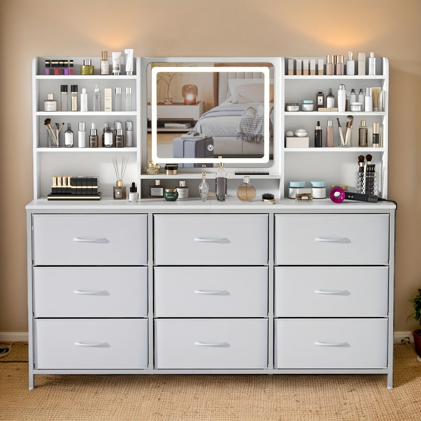 Makeup Vanity With Mirror 9 Fabric Drawers 8 Shelves 3 Lighting Colors White