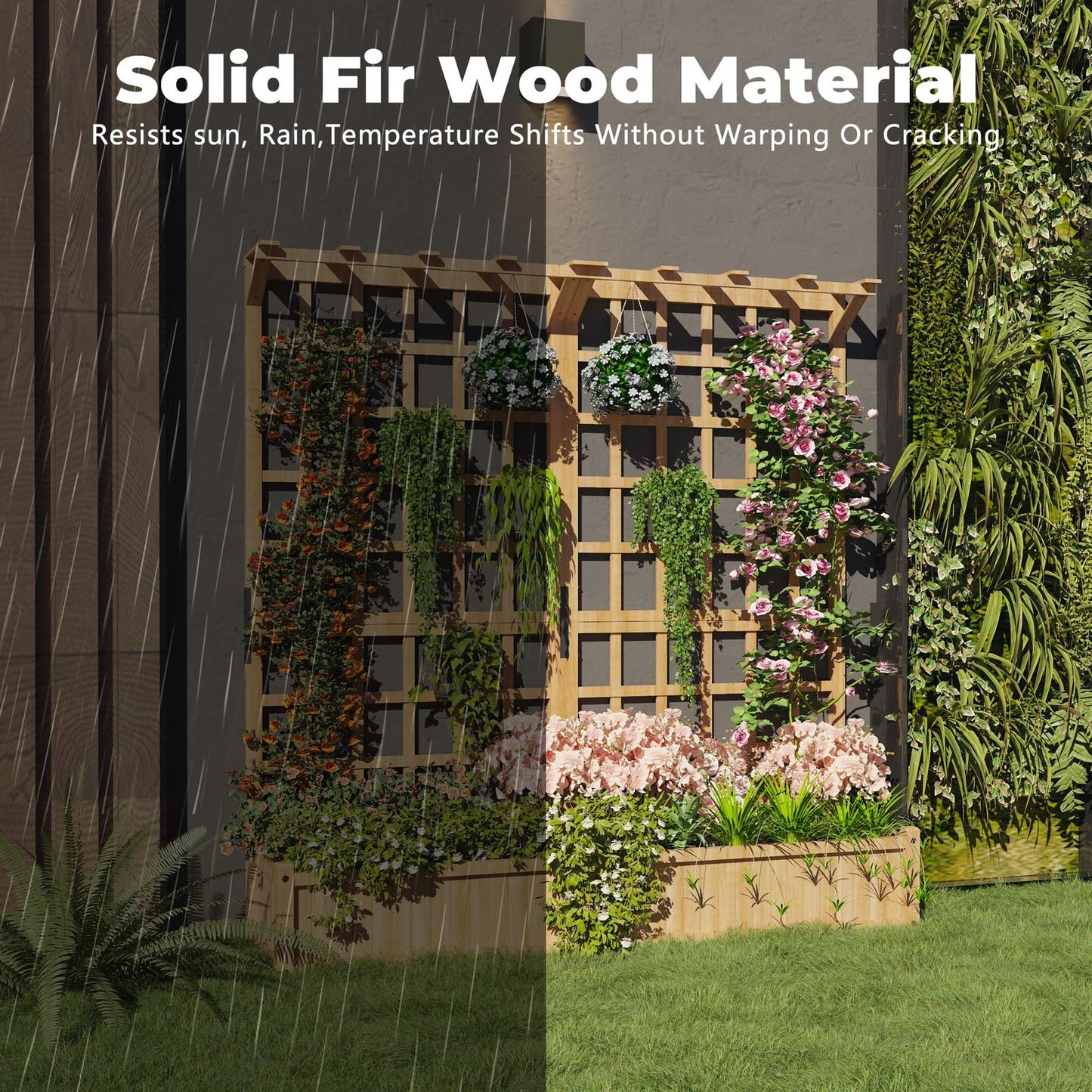 63-Inch Elevated Garden Bed With Lattice Trellis And Roof Heavy Duty Wood