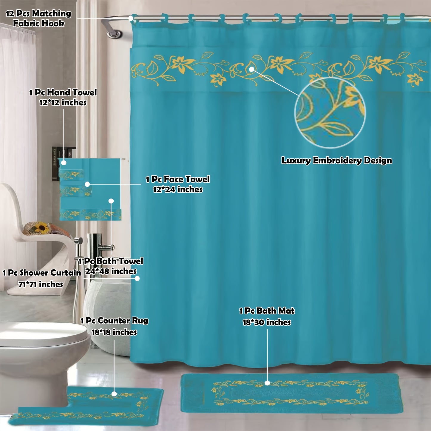 Shower Curtain Set With Embroidery And Non Slip Bath Rug Mats 3 Piece Towel Set