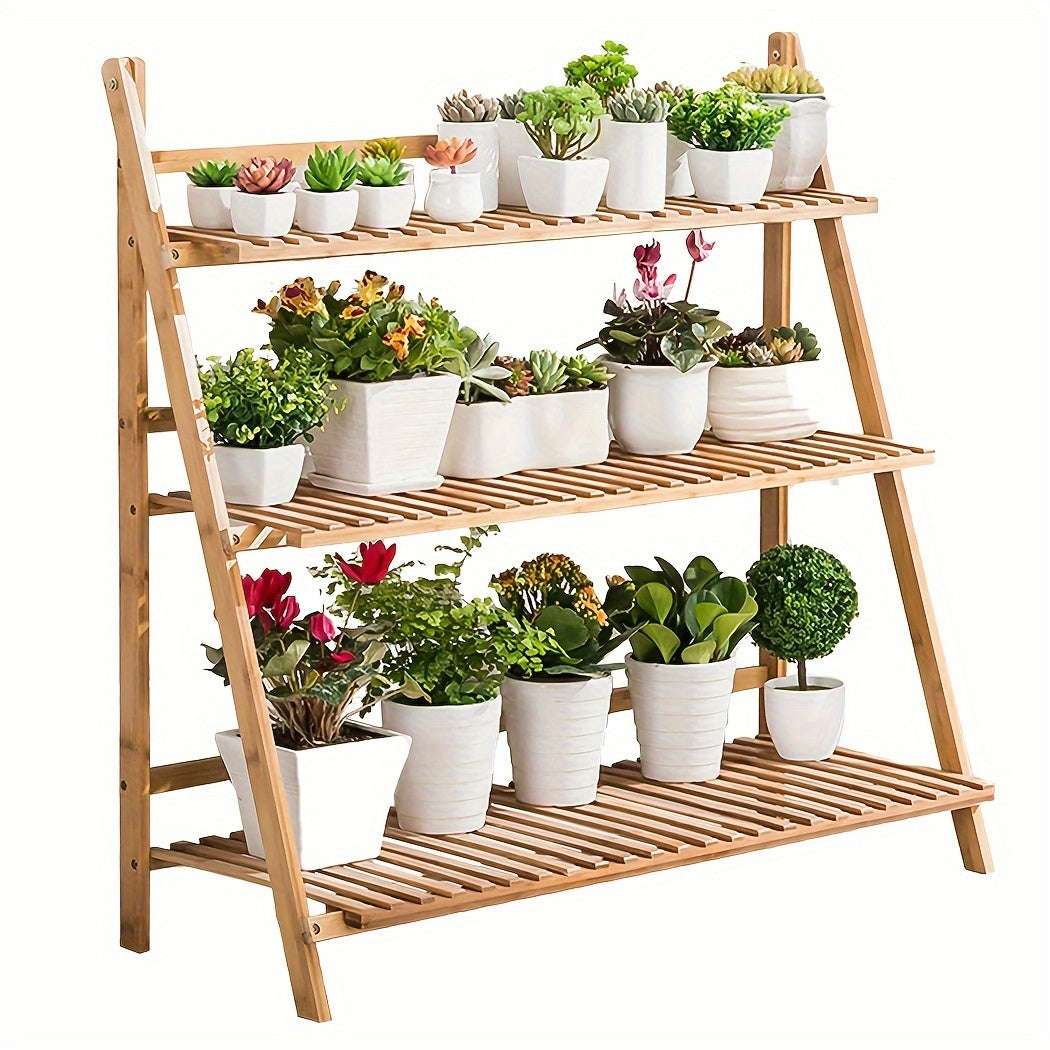 100cm Bamboo 3 Tier Foldable Plant Display Shelf For Outdoor And Indoor Use