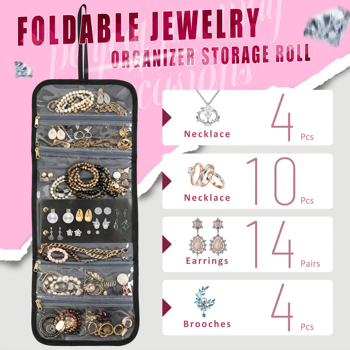 JIASLING Makeup Bag Organizer With 4 Removable Pouches And Jewelry Roll