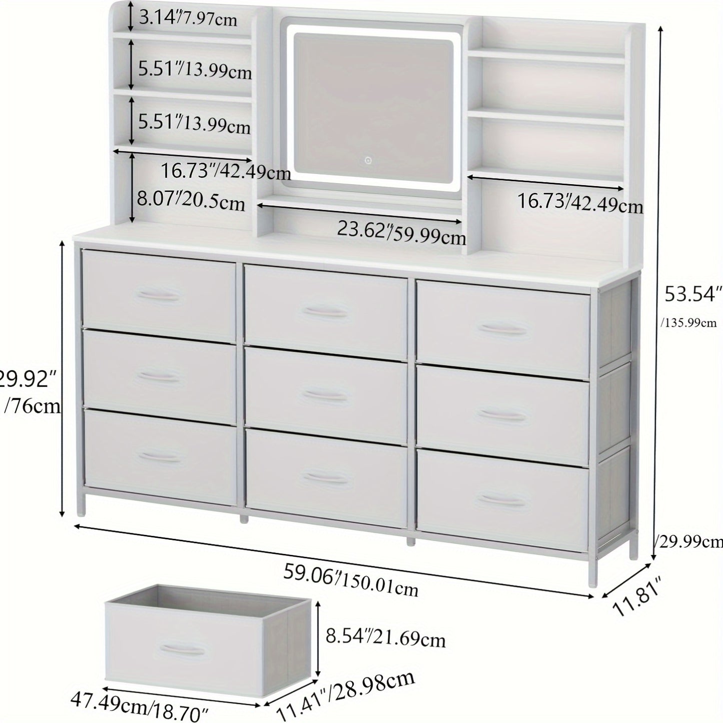 Makeup Vanity With Mirror 9 Fabric Drawers 8 Shelves 3 Lighting Colors White