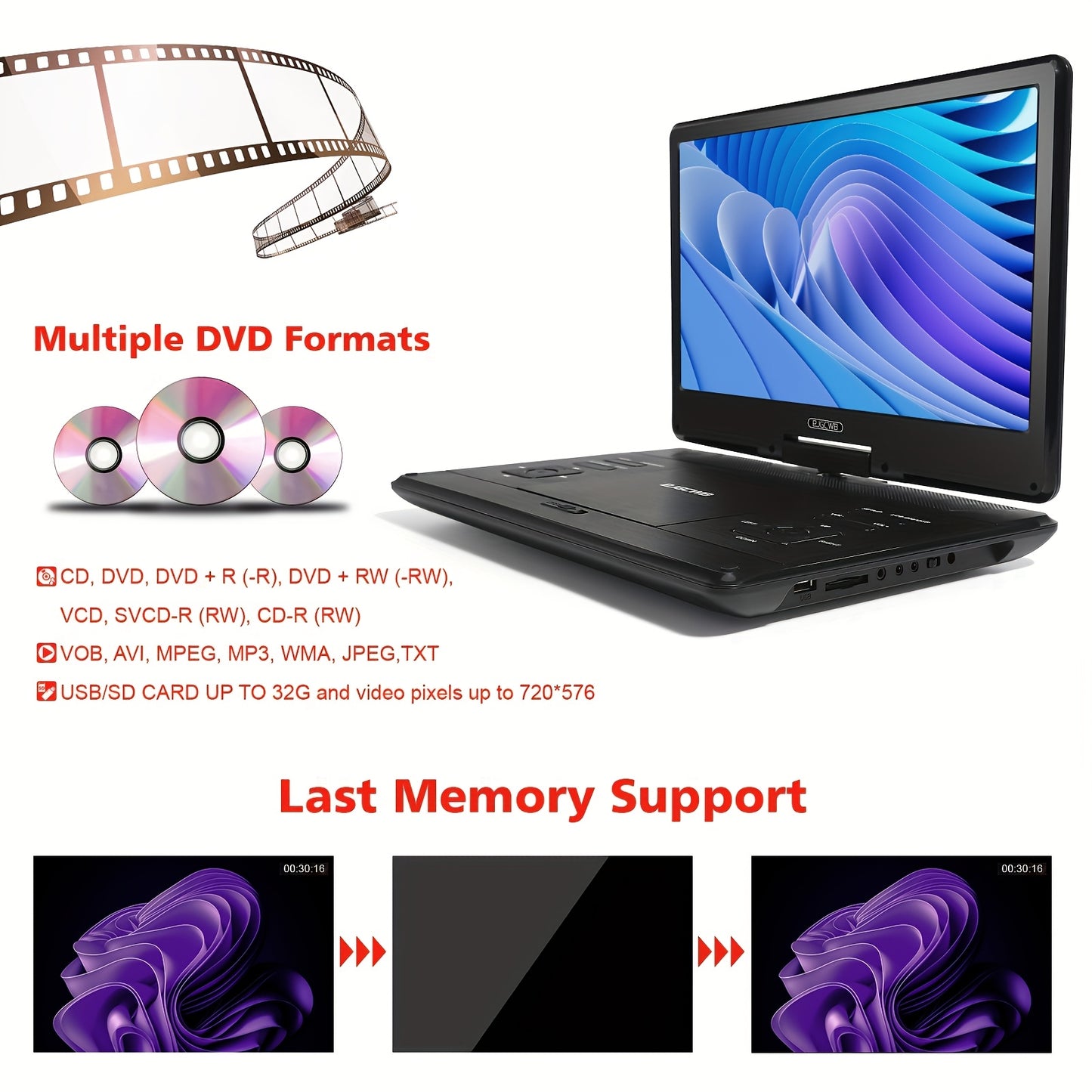 Portable DVD Player 14.1 Inch HD Screen 4 To 6 Hour Battery