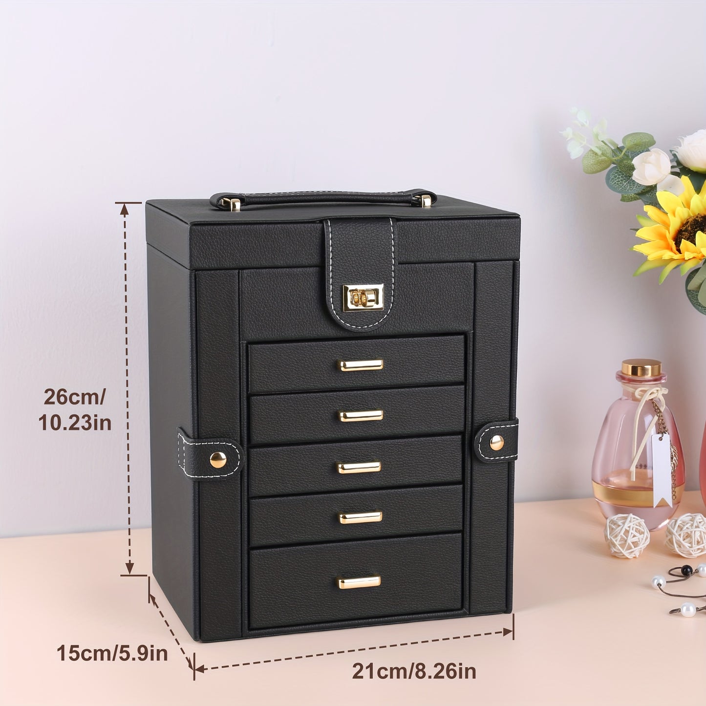 6 Layer Jewelry Storage Box With Mirror Black PU Leather 5 Drawers Necklace