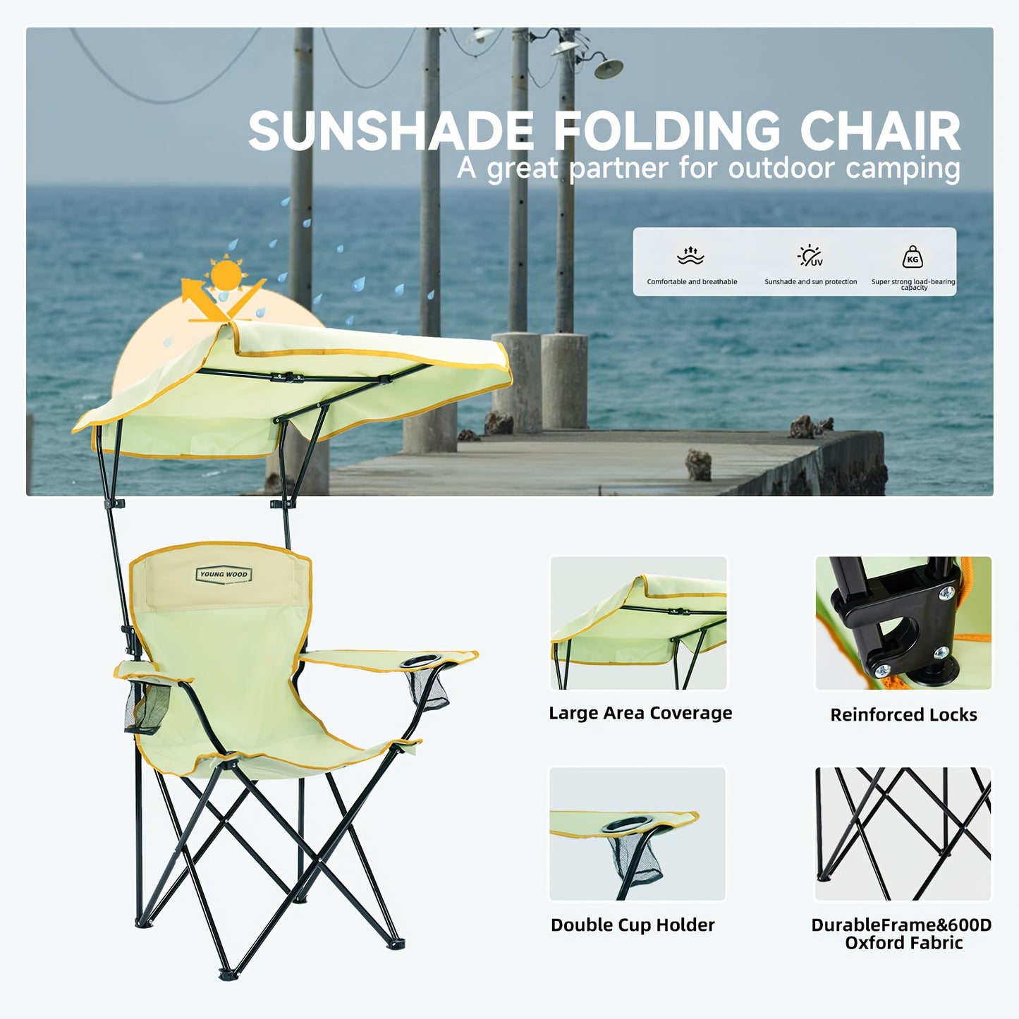 Foldable Portable Outdoor Chair With Shade Canopy And Side Pocket For Camping