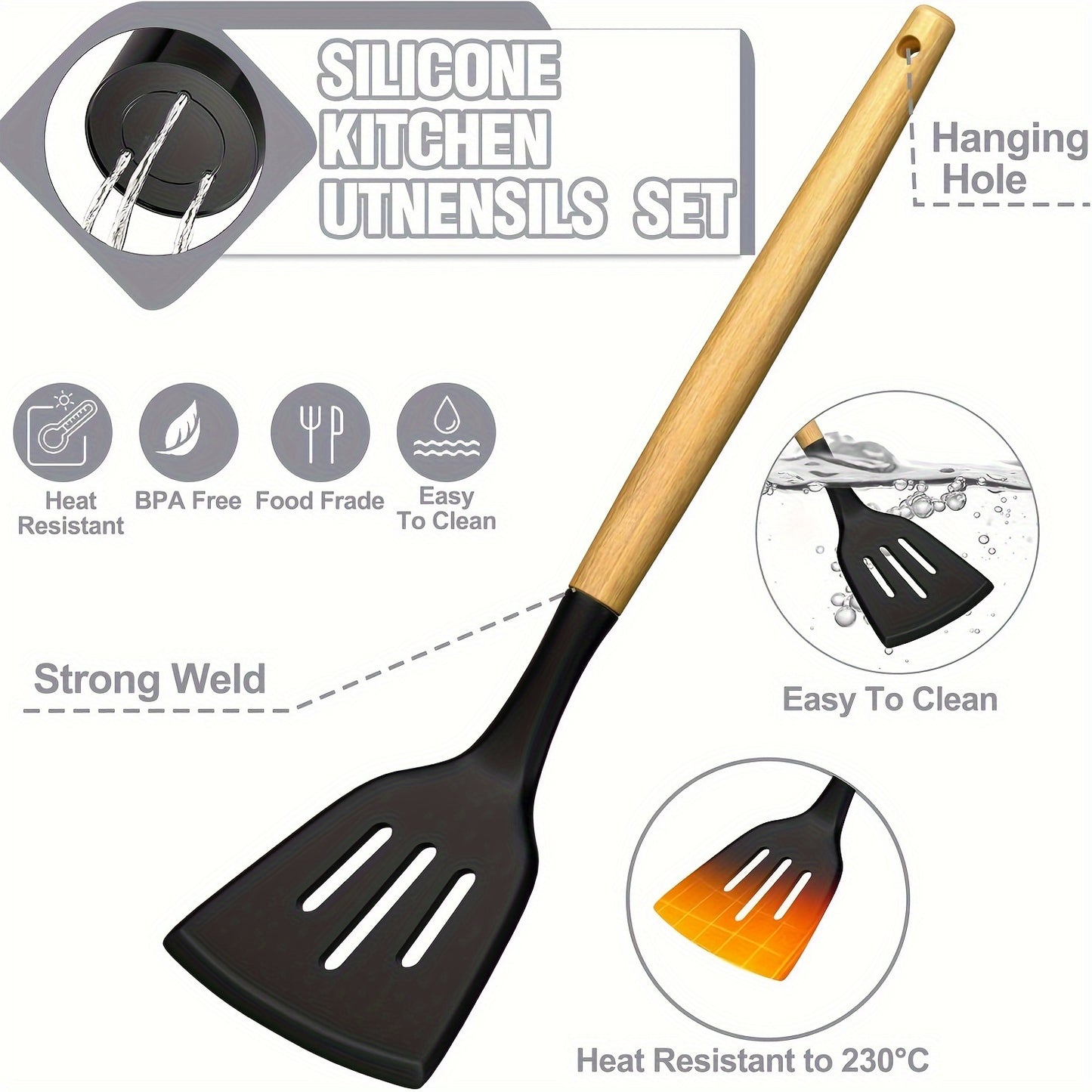[Heat Resistant Kitchen Utensils] 34PCS Heat Resistant Silicone Kitchen Utensils Set - Cooking Utensils With Holder, Nonstick Cookware Spatula Set, Black Wooden Handles Kitchen Gadgets Tools Set