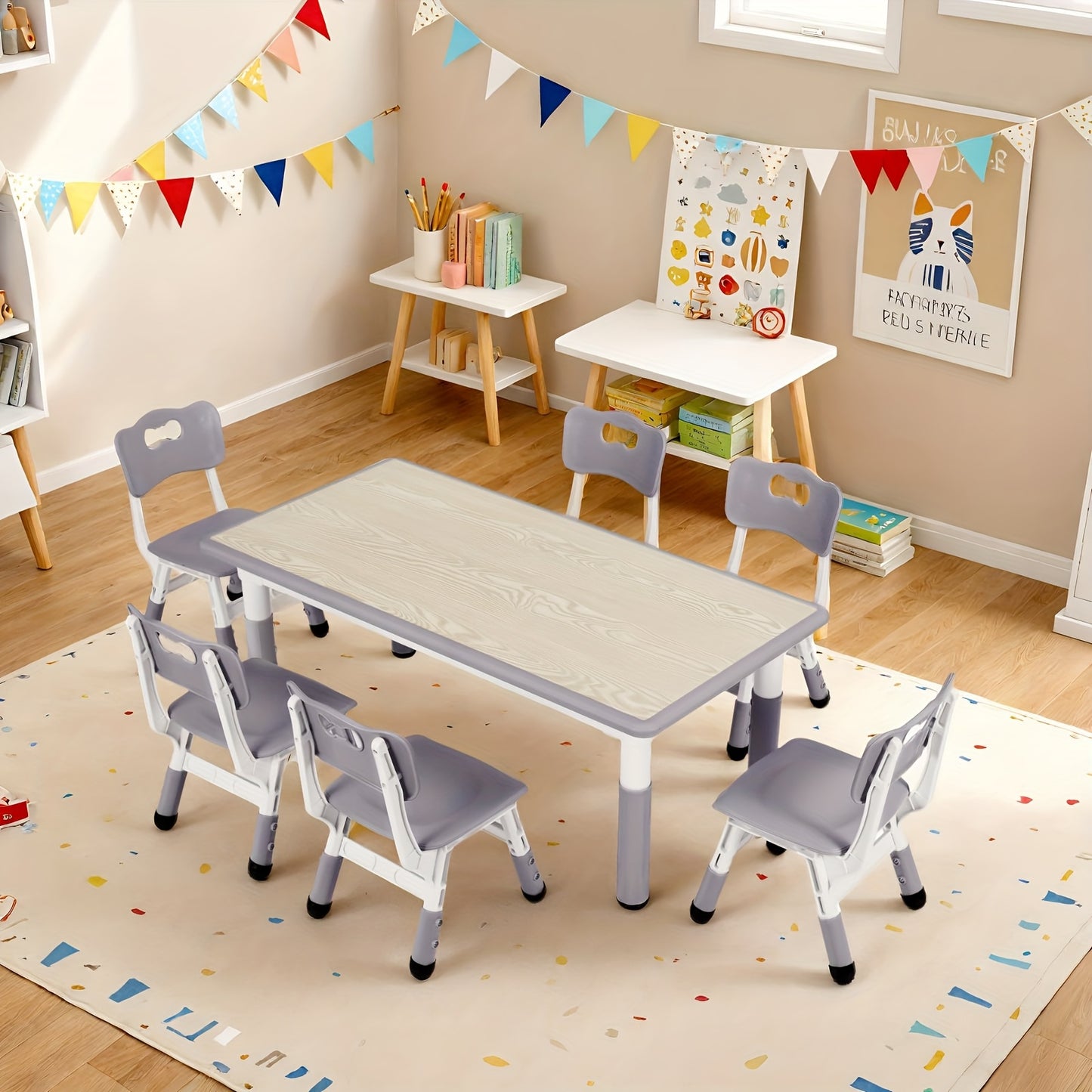 Modern Kids Table And Six Chairs Gray Plastic Easy Assembly