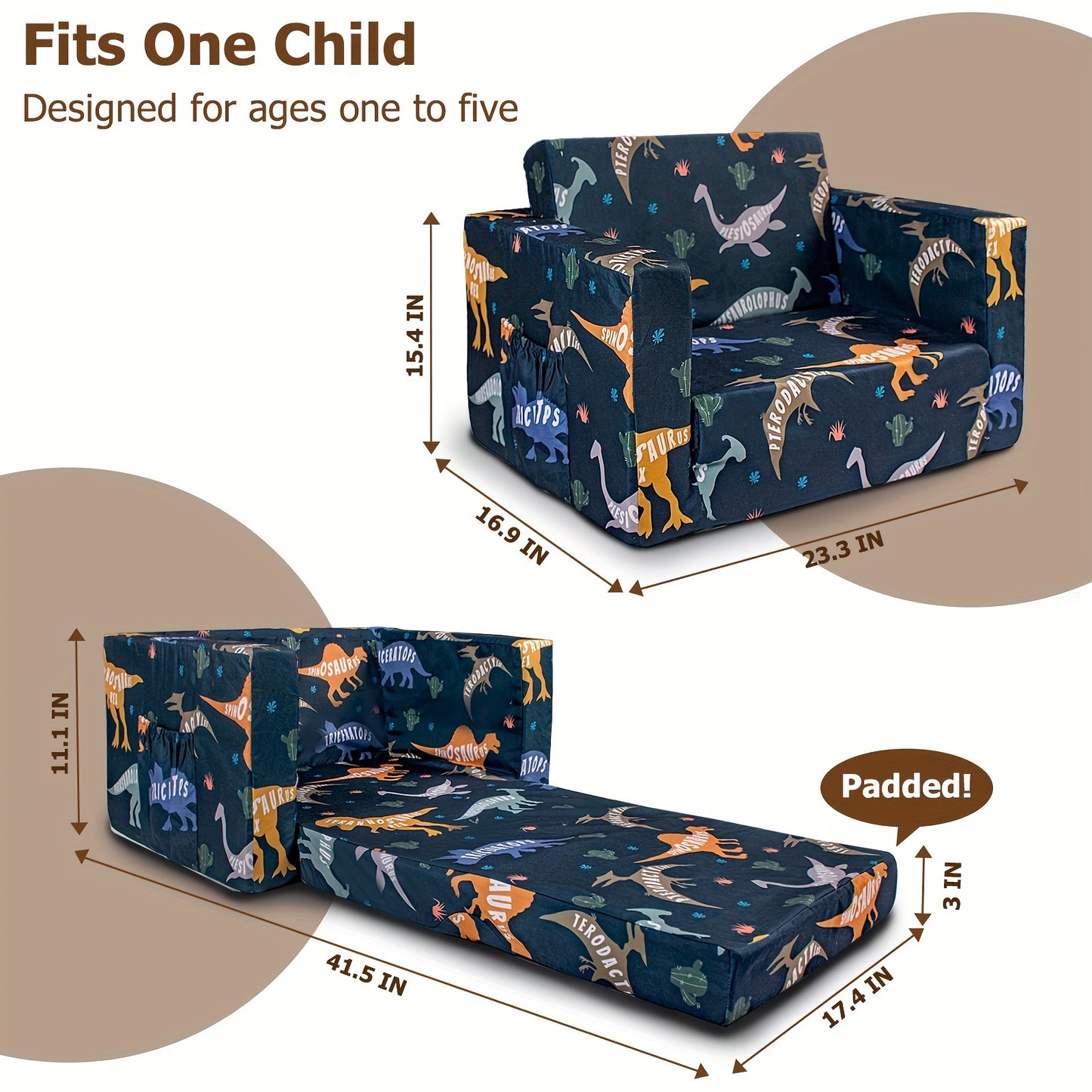 Kids Convertible Sofa Bed Lounge Chair Dinosaur Print