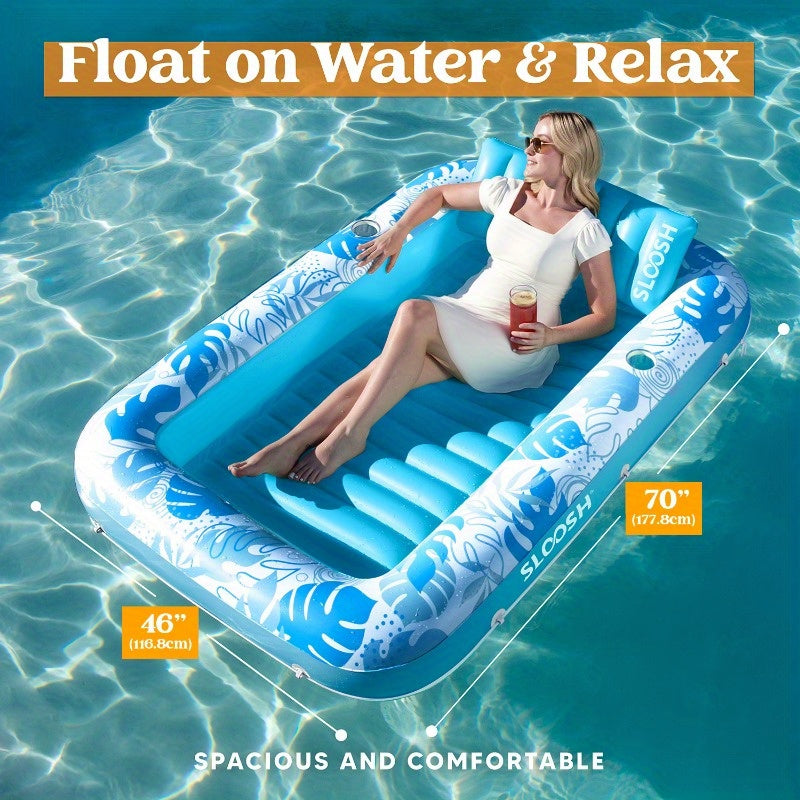 SYNCFUN Inflatable Tanning Pool Lounger Float, 70" x 46" Pool Floats Adult with Pillow, 4in 1 Suntan Tub Raft Floatie, Sunbathing Bed Lounge for Water Blow Up Kids Ball Pit Party Gifts, Party Packs, L-Blue