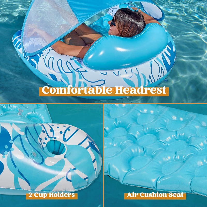 SYNCFUN Pool Floats With Canopy Adult, XL Inflatable Pool Lounge Chairs With Cup Holders, Floating Chair For Adults, Inflatable Floaties With Headrest For Party Beach Summer Water Fun