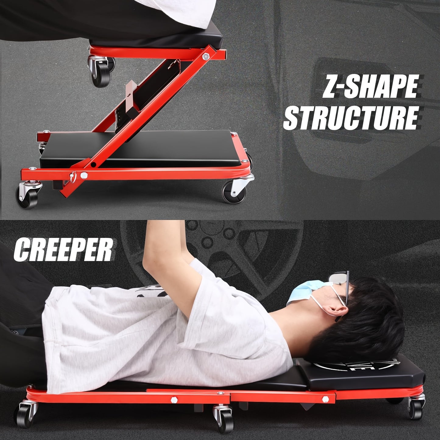 [2-in-1 Z-Type Crawler Seat] 2-in-1 Z-Type Adjustable Foldable Lift Seat Reclining Plate | Crawler Seat for Garage Car Bottom Repair Tool Box - Perfect Gift for Mechanic, Gray And Red Available