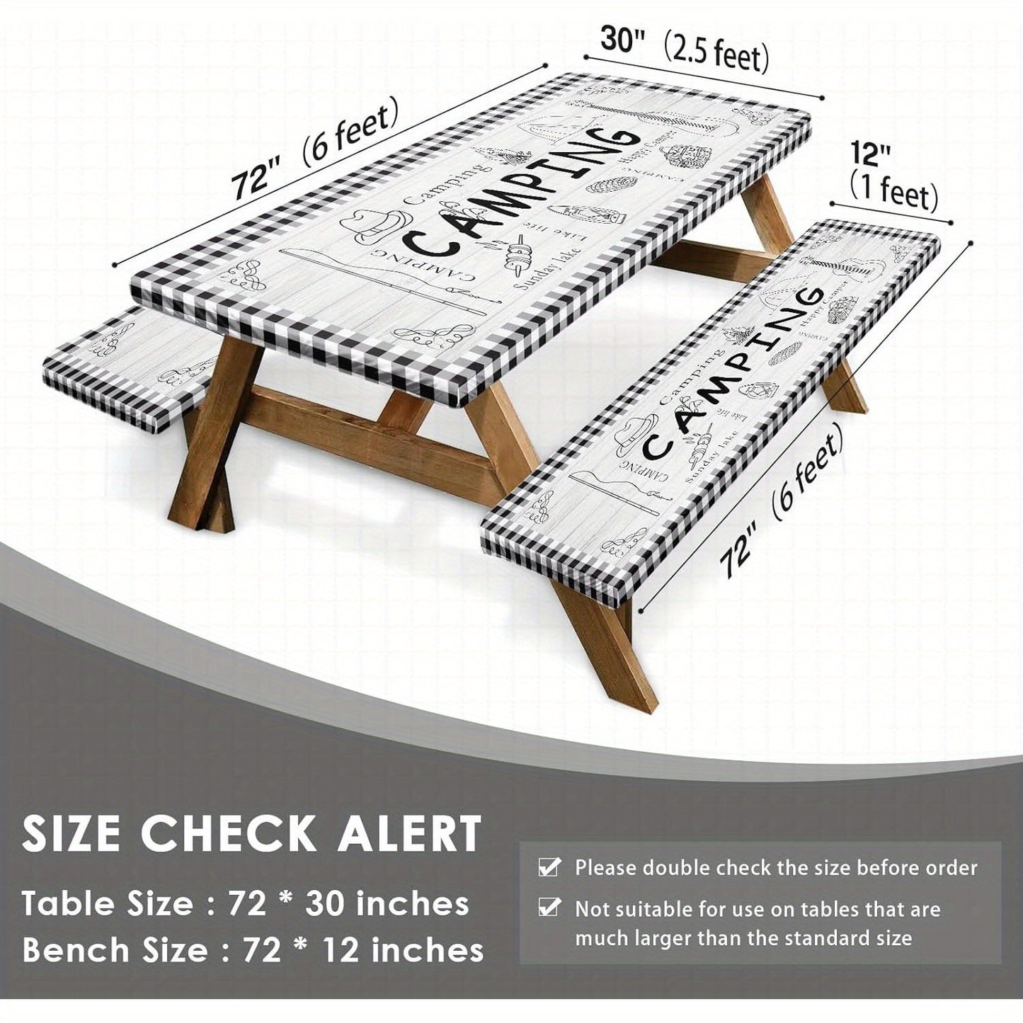 [Durable Picnic Table Cover] 3pcs Black & White Checkered Camping Picnic Table Covers with Benches | Elastic Edges, Durable Polyester, 72 Inch, Outdoor Essentials for Patio & Camping